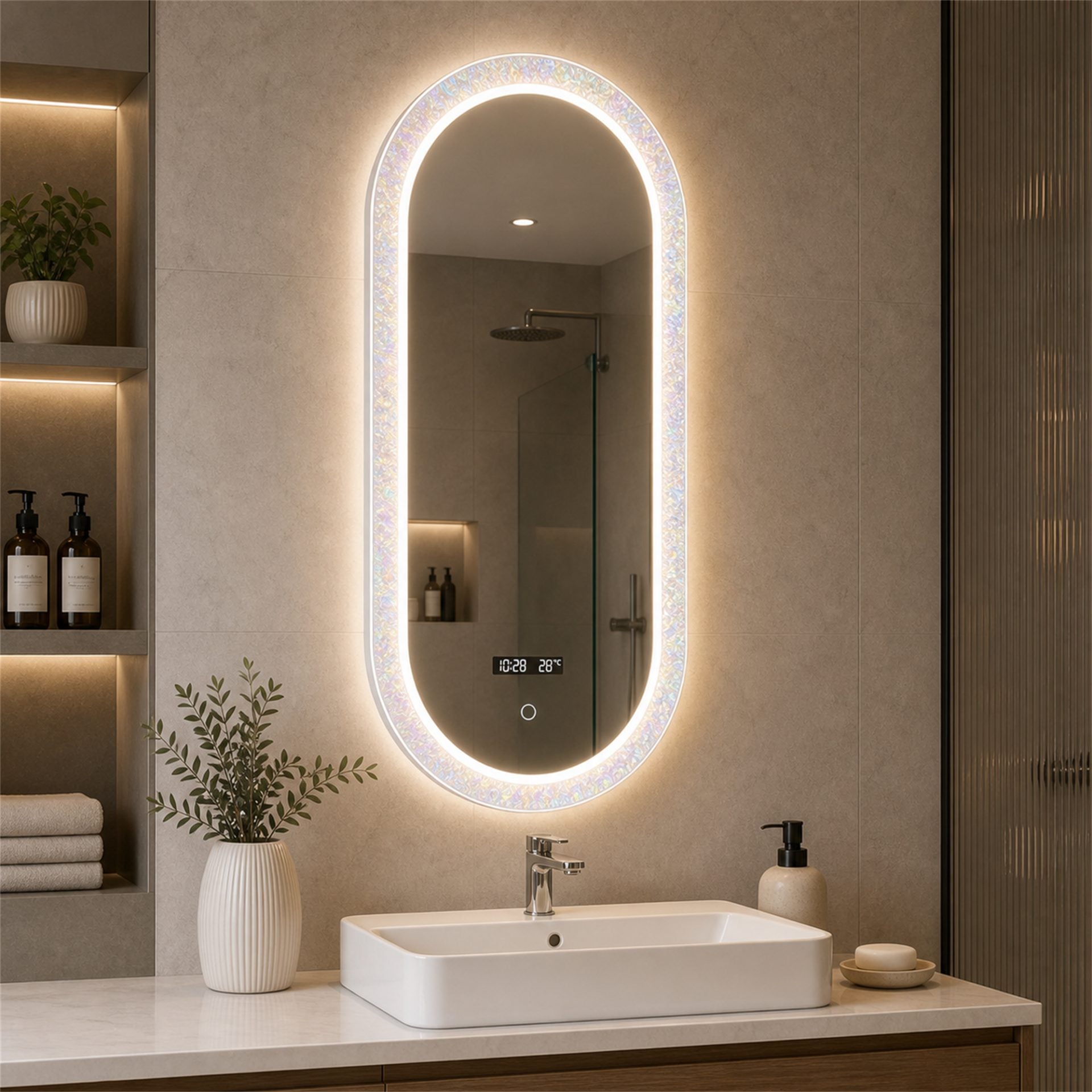 Oglinda LED FISHMAN Ovala, 55x110cm, Rama din acrilic cu efect irizat, Senzor, Lumina 3000K, 4000K, 6000K, Sistem Dezaburire, Acrilic, Functii Ceas si Temperatura