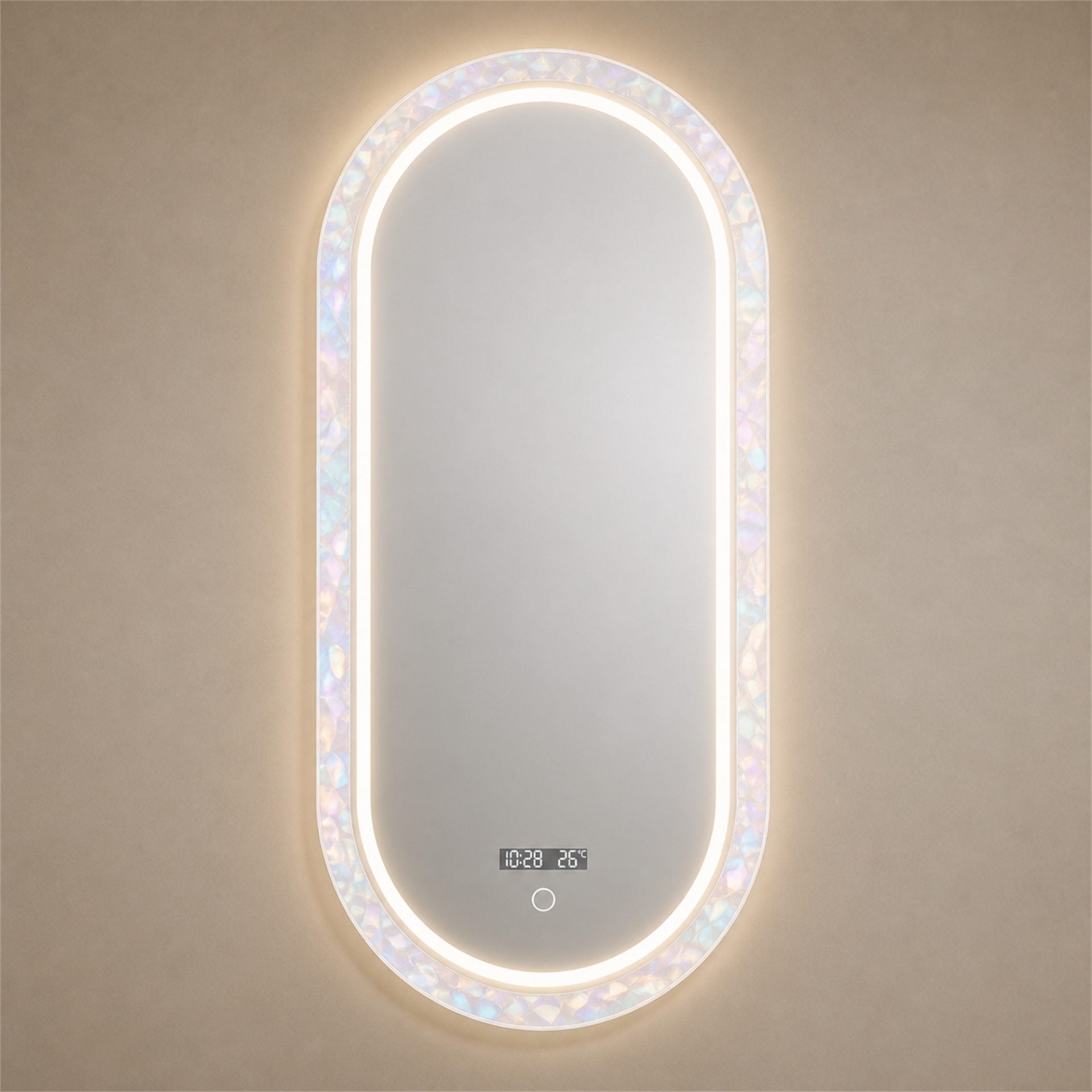 Oglinda LED FISHMAN Ovala, 55x110cm, Rama din acrilic cu efect irizat, Senzor, Lumina 3000K, 4000K, 6000K, Sistem Dezaburire, Acrilic, Functii Ceas si Temperatura
