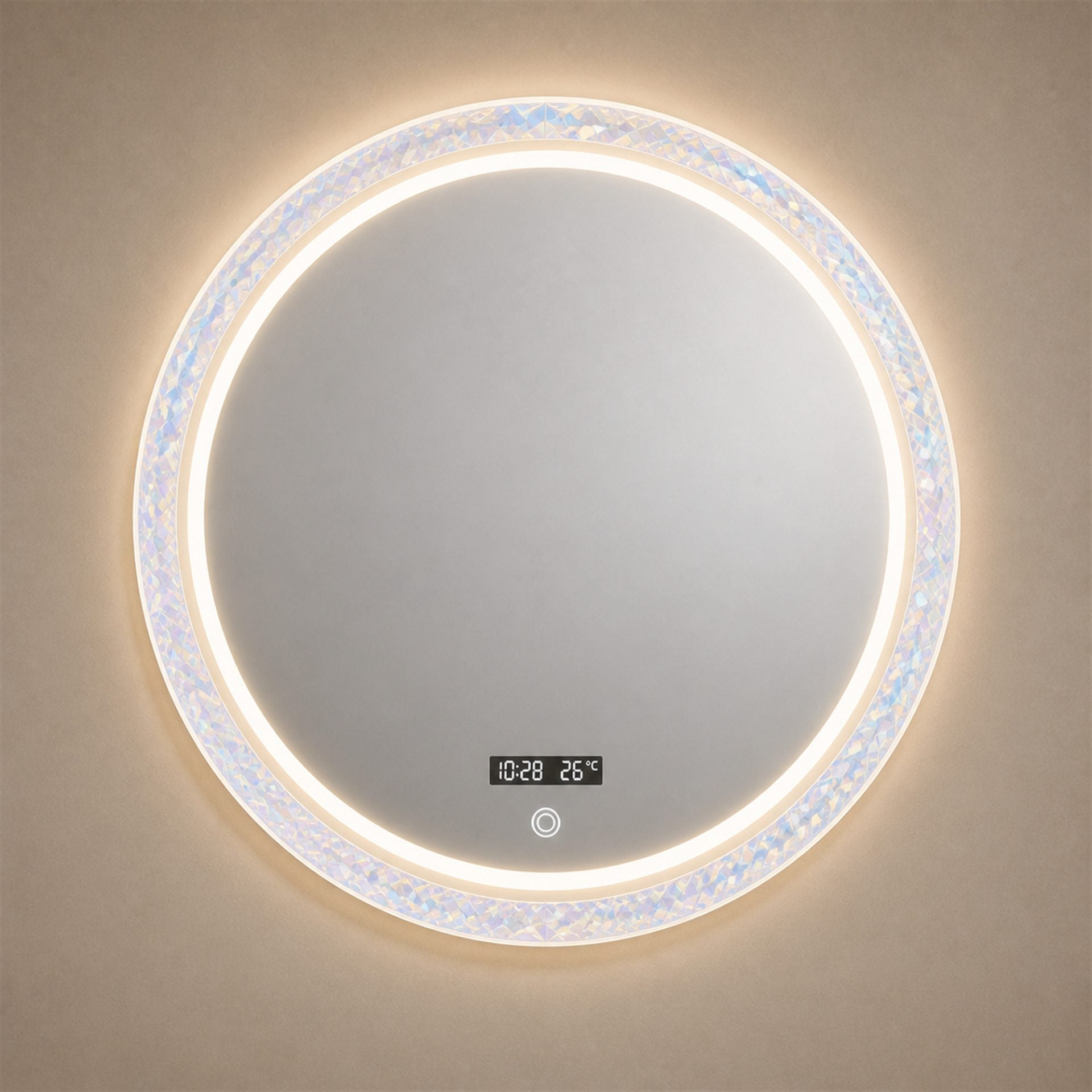 Oglinda LED FISHMAN Rotunda, 70cm, Rama din acrilic cu efect irizat, Senzor, Lumina 3000K, 4000K, 6000K, Sistem Dezaburire, Acrilic, Functii Ceas si Temperatura