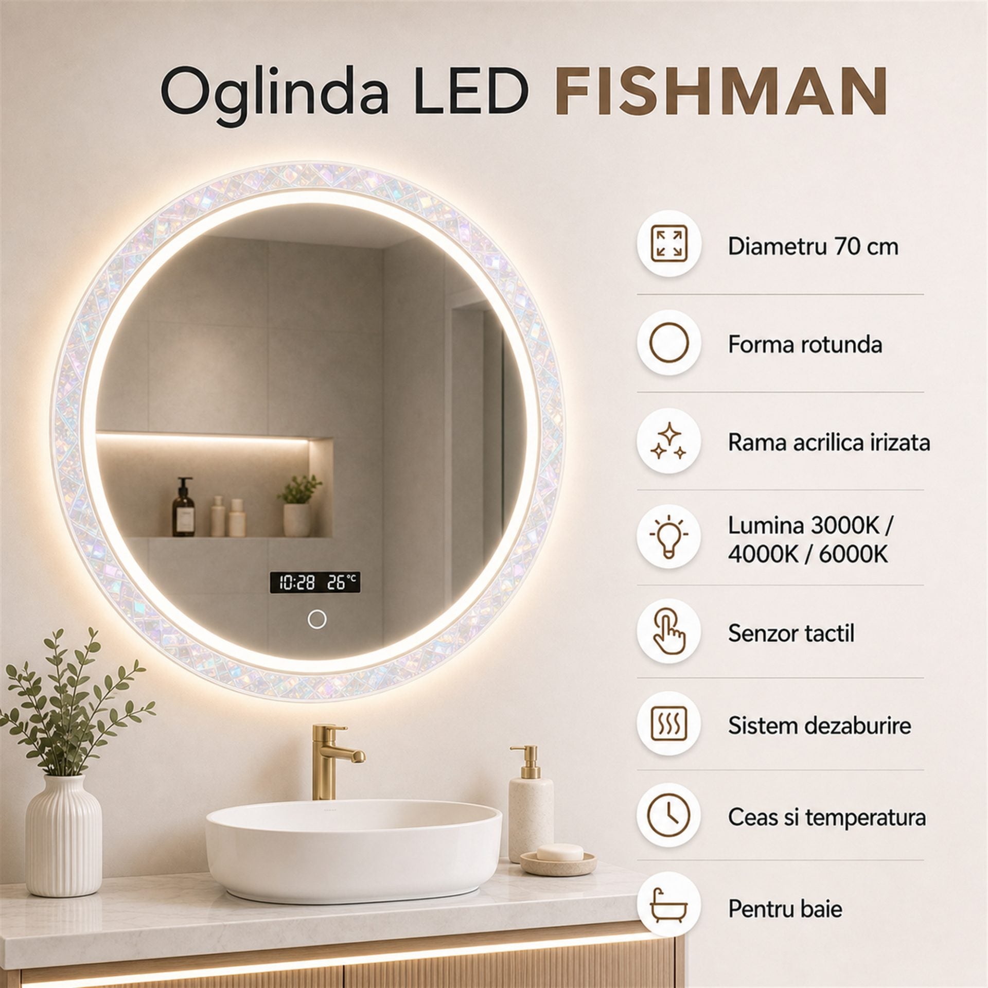 Oglinda LED FISHMAN Rotunda, 70cm, Rama din acrilic cu efect irizat, Senzor, Lumina 3000K, 4000K, 6000K, Sistem Dezaburire, Acrilic, Functii Ceas si Temperatura
