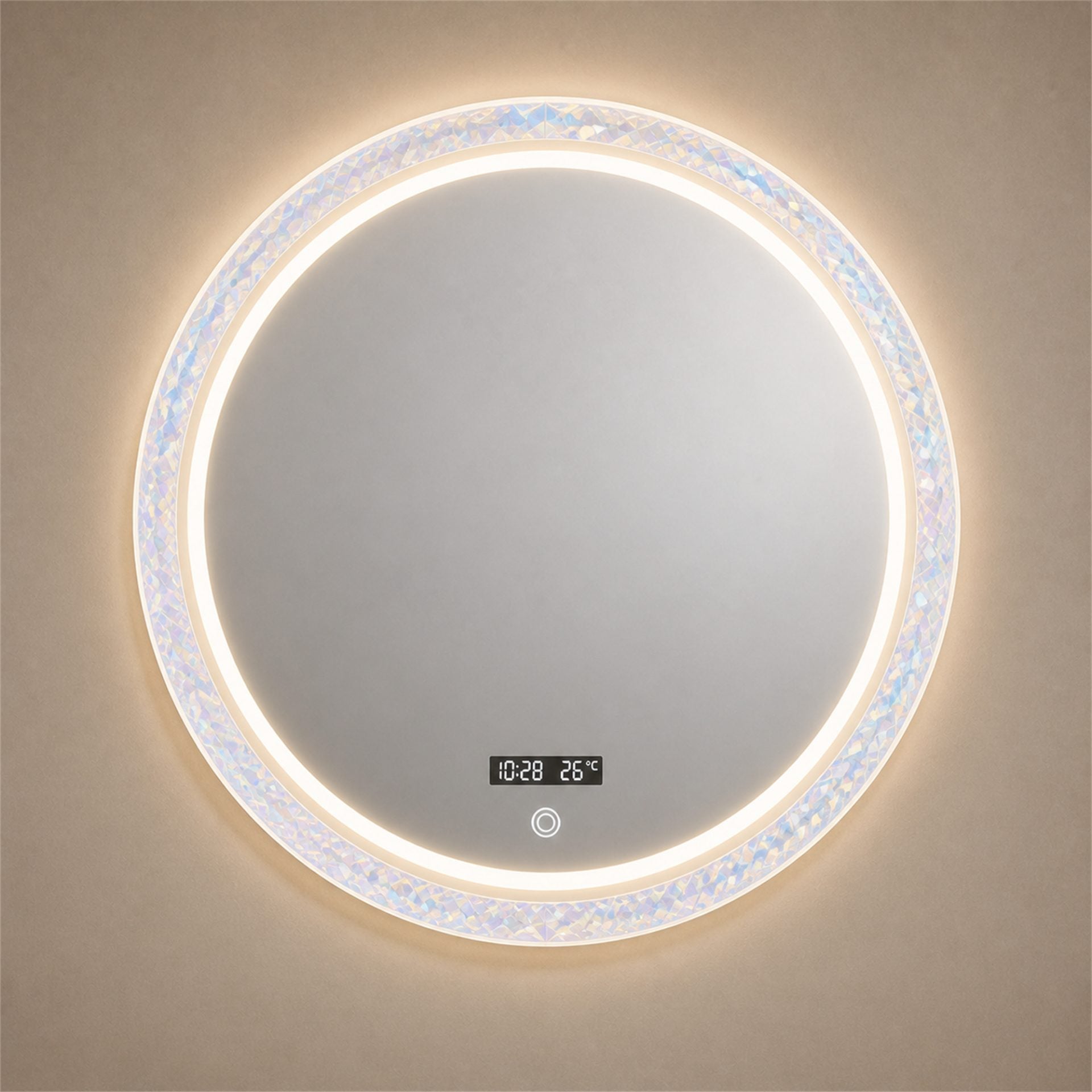 Oglinda LED FISHMAN Rotunda, 70cm, Rama din acrilic cu efect irizat, Senzor, Lumina 3000K, 4000K, 6000K, Sistem Dezaburire, Acrilic, Functii Ceas si Temperatura
