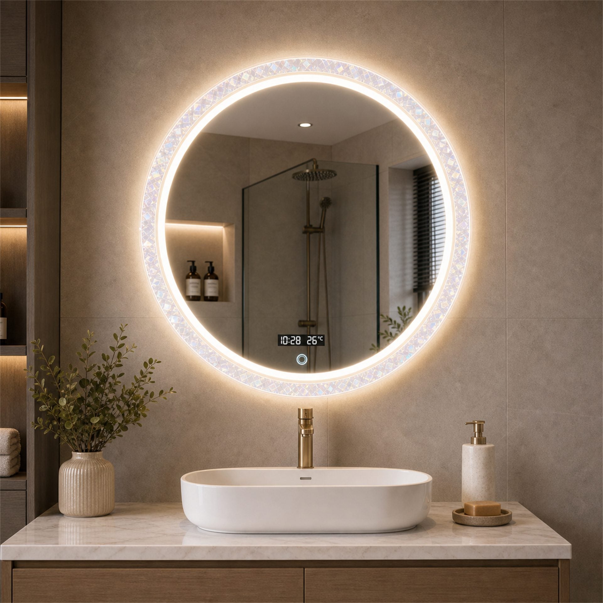Oglinda LED FISHMAN Rotunda, 70cm, Rama din acrilic cu efect irizat, Senzor, Lumina 3000K, 4000K, 6000K, Sistem Dezaburire, Acrilic, Functii Ceas si Temperatura