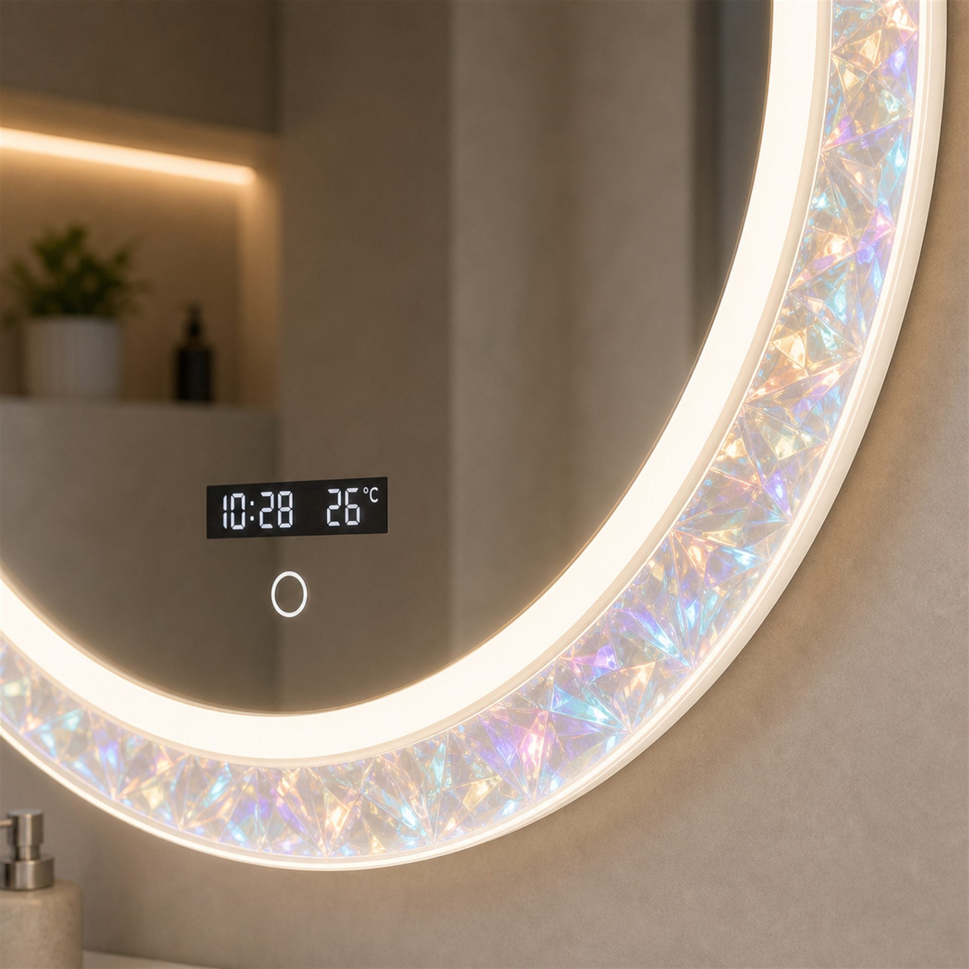 Oglinda LED FISHMAN Rotunda, 70cm, Rama din acrilic cu efect irizat, Senzor, Lumina 3000K, 4000K, 6000K, Sistem Dezaburire, Acrilic, Functii Ceas si Temperatura