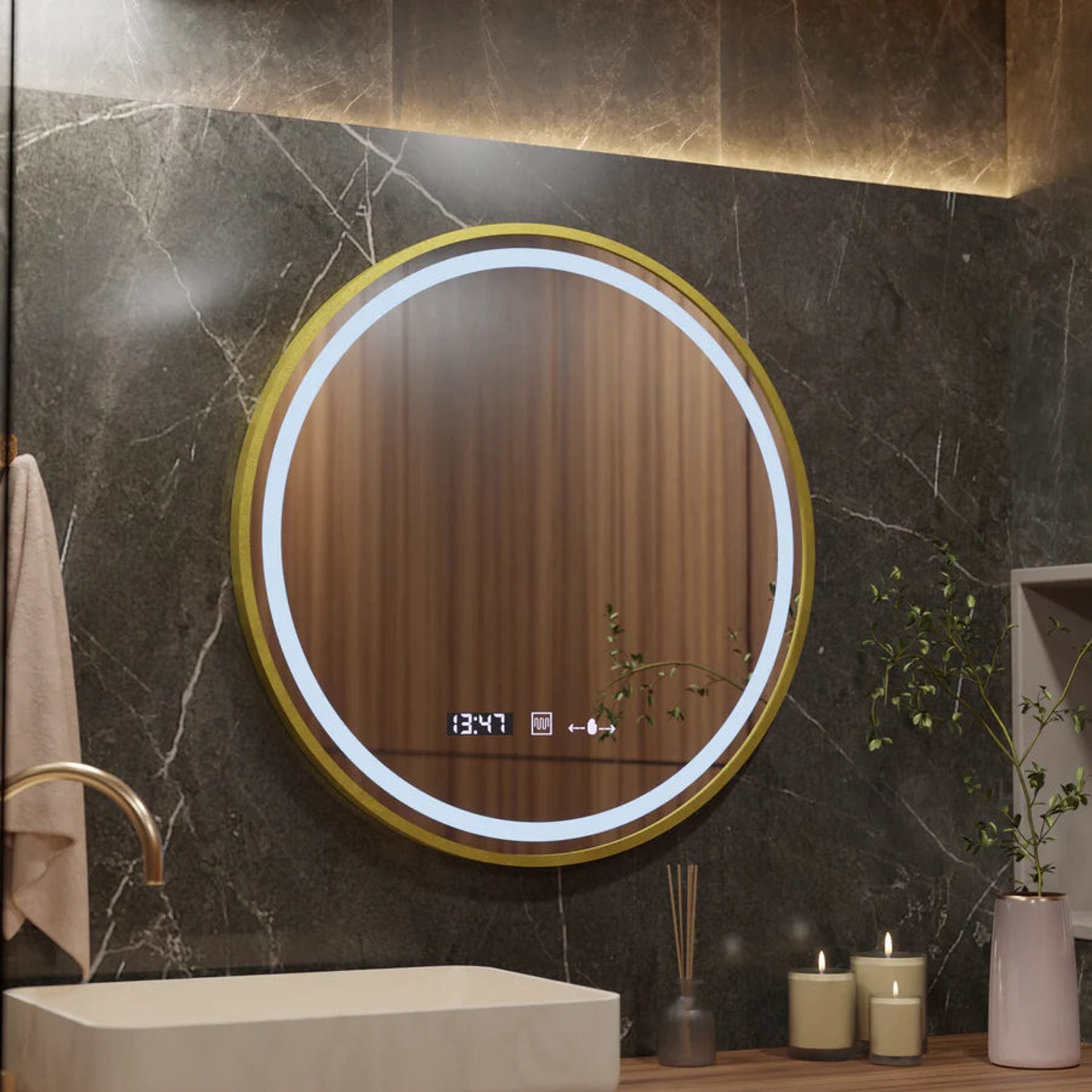 Oglinda LED Rotunda, 60cm, Celeste Royale Gold Eleve MotionGlow Marcello, Sistem Dezaburire, Ceas & Termometru, Dimabila, Curea Detasabila