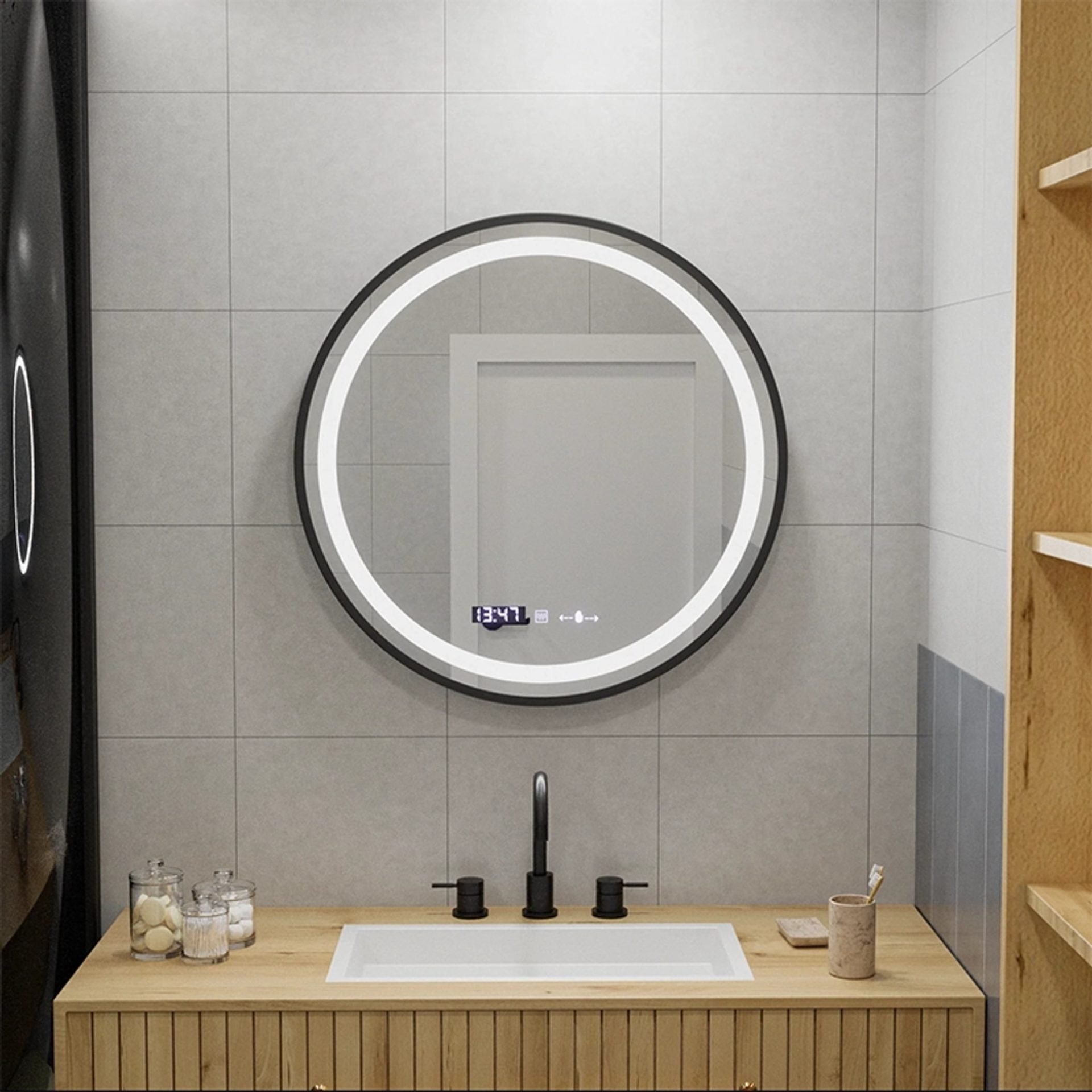 Oglinda LED Rotunda, 70cm, Celeste Majeste Noir MotionGlow Marcello, Sistem Dezaburire, Ceas & Termometru, Dimabila