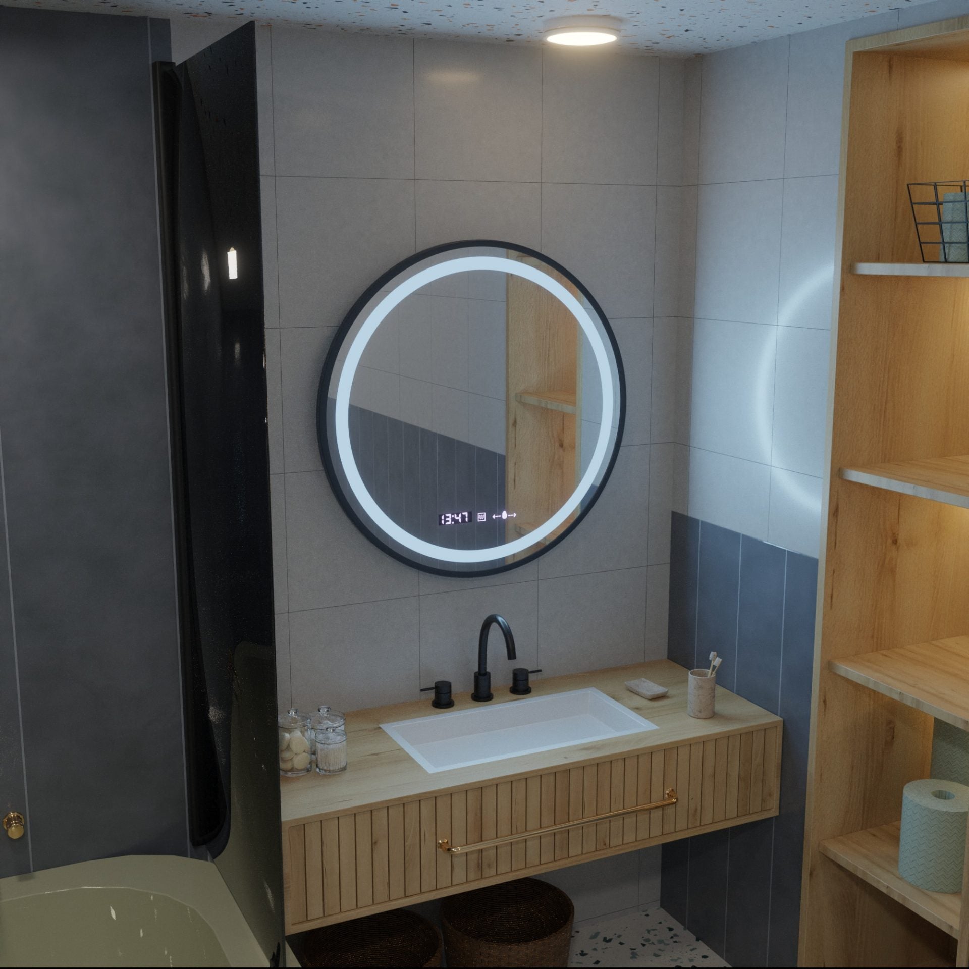 Oglinda LED Rotunda, 70cm, Celeste Majeste Noir MotionGlow Marcello, Sistem Dezaburire, Ceas & Termometru, Dimabila