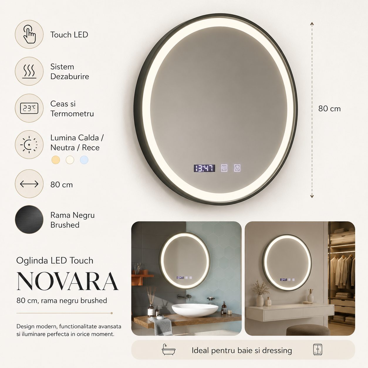 Oglinda LED NOVARA, Touch, Sistem Dezaburire, Ceas si Temperatura, Diametru 80 cm, Rama Negru Brushed