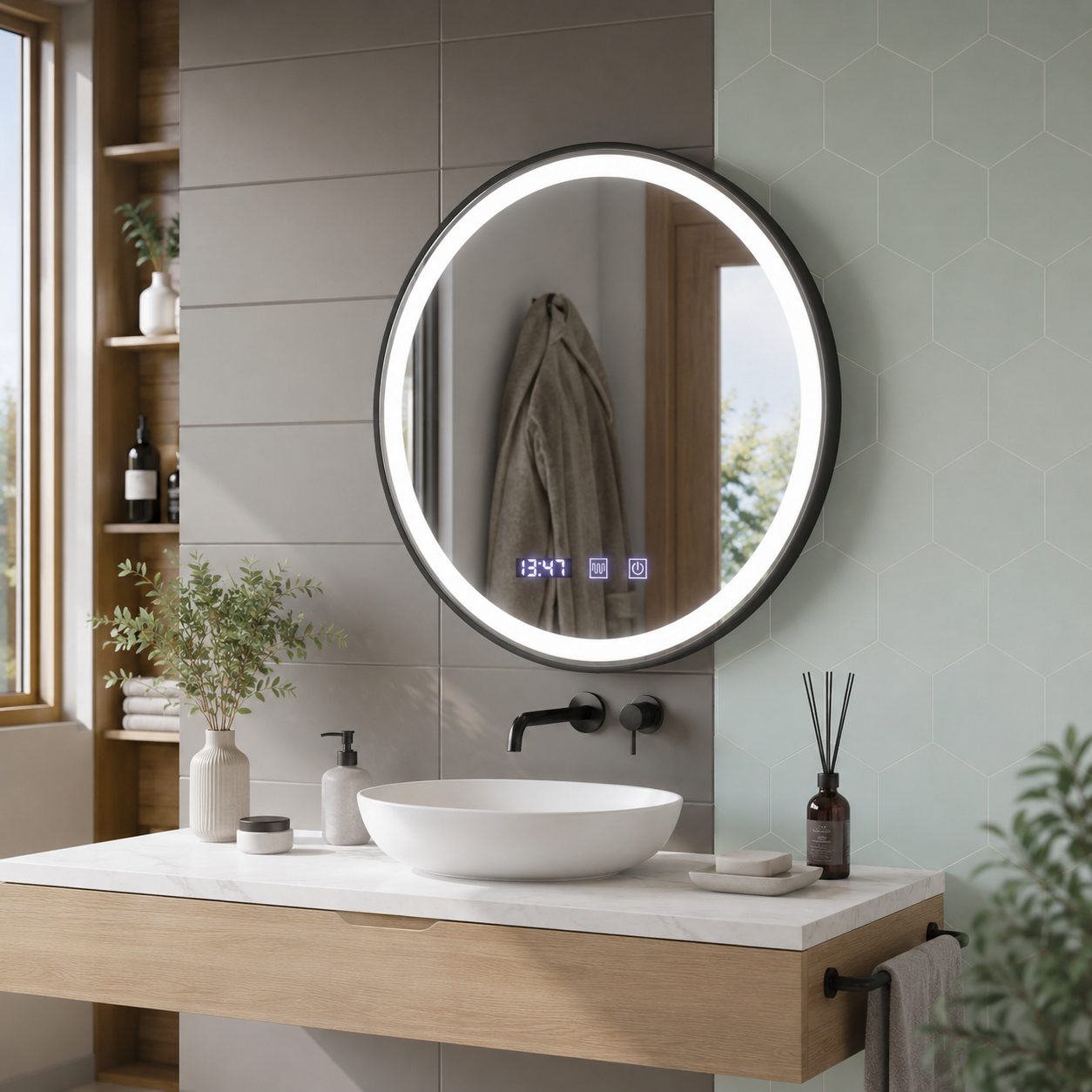 Oglinda LED NOVARA, Touch, Sistem Dezaburire, Ceas si Temperatura, Diametru 80 cm, Rama Negru Brushed