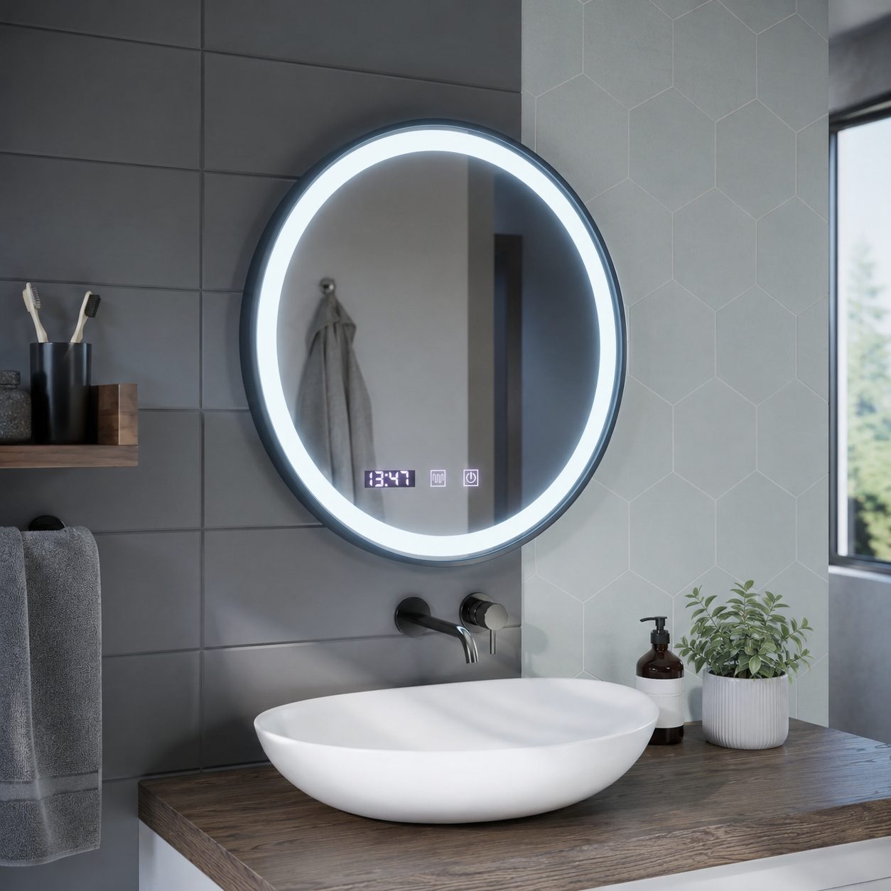 Oglinda LED NOVARA, Touch, Sistem Dezaburire, Ceas si Temperatura, Diametru 80 cm, Rama Negru Brushed