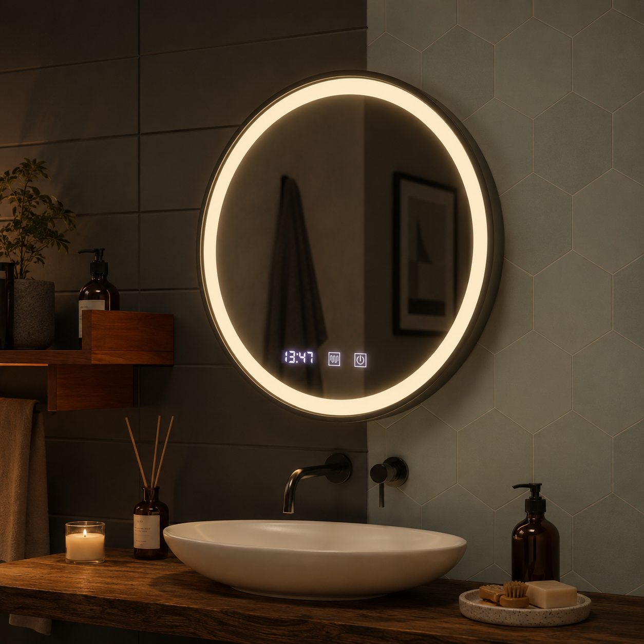 Oglinda LED NOVARA, Touch, Sistem Dezaburire, Ceas si Temperatura, Diametru 80 cm, Rama Negru Brushed
