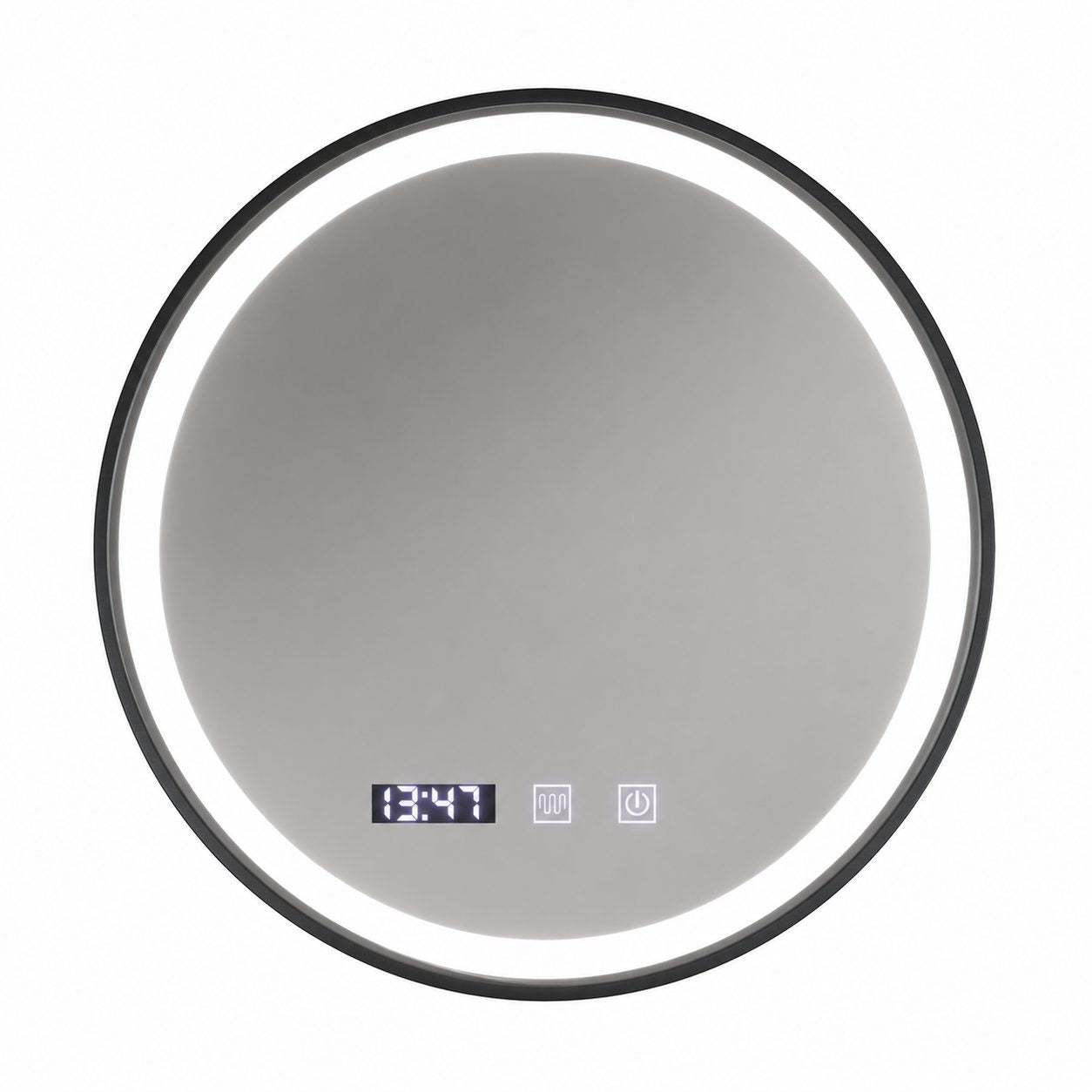 Oglinda LED NOVARA, Touch, Sistem Dezaburire, Ceas si Temperatura, Diametru 80 cm, Rama Negru Brushed