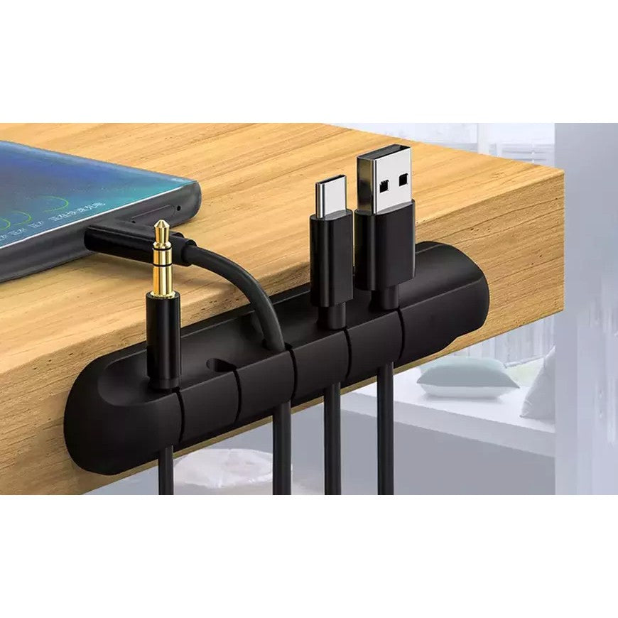 Organizator Cabluri, Cable Clips, Fixare Dublu Adeziv, Silicon, 5 Sloturi, Negru