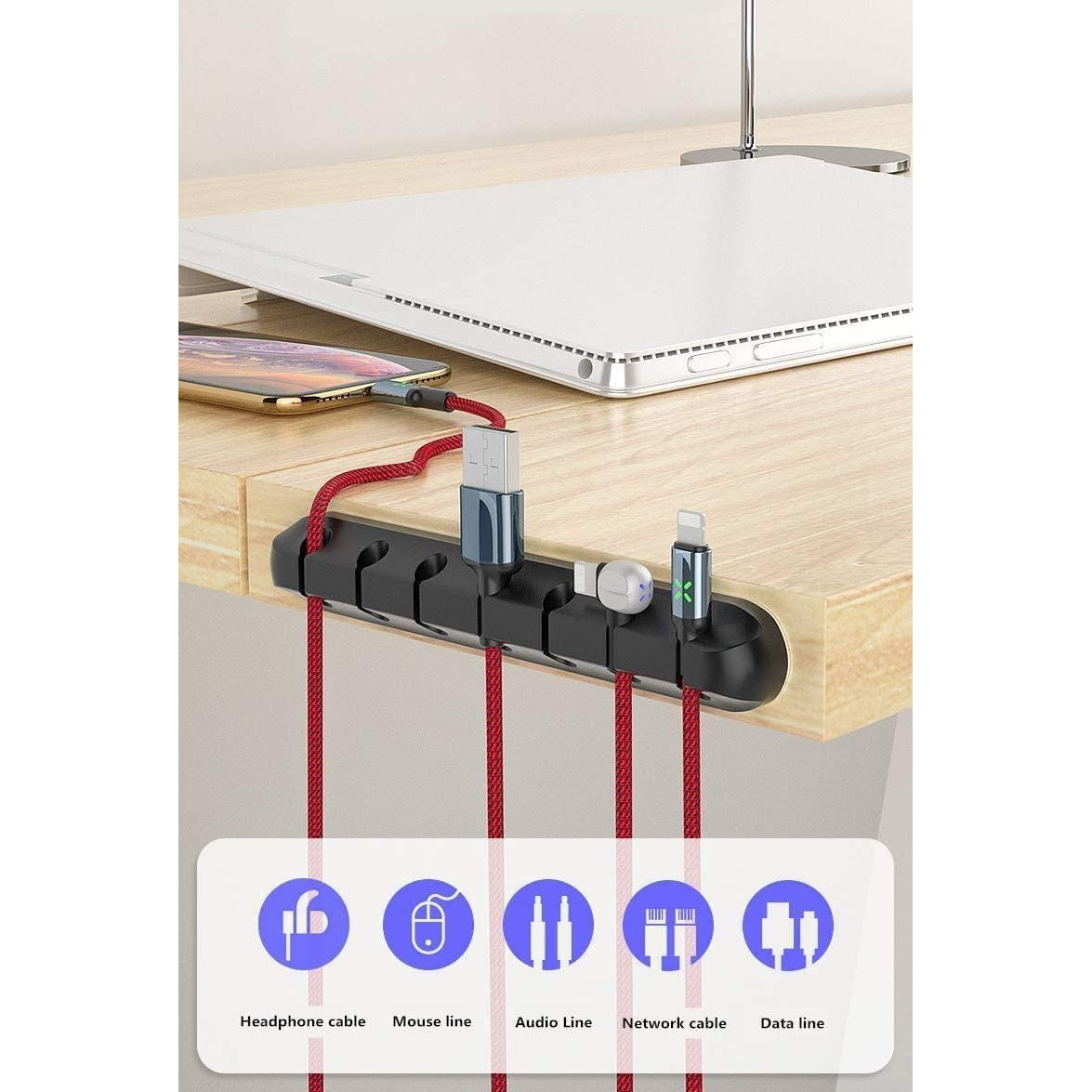 Organizator Cabluri, Cable Clips, Fixare Dublu Adeziv, Silicon, 7 Sloturi, Negru