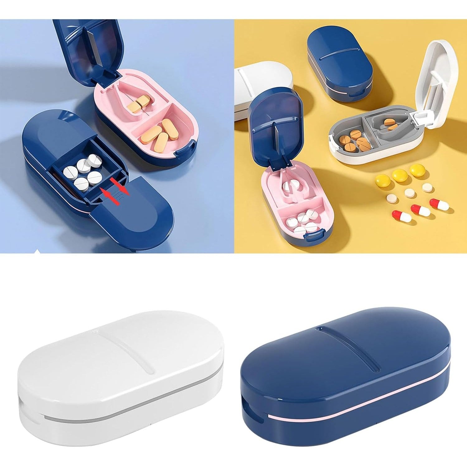 Organizator medicamente, Dispozitiv Taiere/Sfaramare Pastile, Ideala pentru Calatorii, Portabila, Perie pentru Curatare, Compartiment depozitare, 8.5x4.5x2.5 cm, Albastru