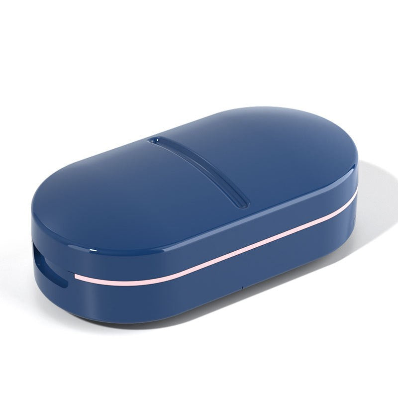 Organizator medicamente, Dispozitiv Taiere/Sfaramare Pastile, Ideala pentru Calatorii, Portabila, Perie pentru Curatare, Compartiment depozitare, 8.5x4.5x2.5 cm, Albastru