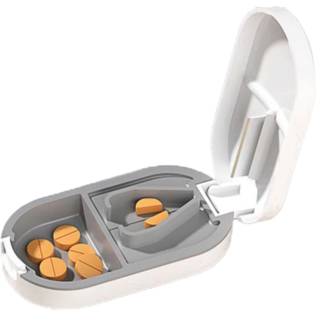 Organizator medicamente, Dispozitiv Taiere/Sfaramare Pastile, Ideala pentru Calatorii, Portabila, Perie pentru Curatare, Compartiment depozitare, 8.5x4.5x2.5 cm, Alb