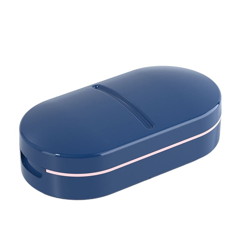 Organizator medicamente, Dispozitiv Taiere/Sfaramare Pastile, Ideala pentru Calatorii, Portabila, Perie pentru Curatare, Compartiment depozitare, 8.5x4.5x2.5 cm, Albastru