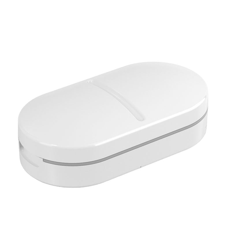 Organizator medicamente, Dispozitiv Taiere/Sfaramare Pastile, Ideala pentru Calatorii, Portabila, Perie pentru Curatare, Compartiment depozitare, 8.5x4.5x2.5 cm, Alb