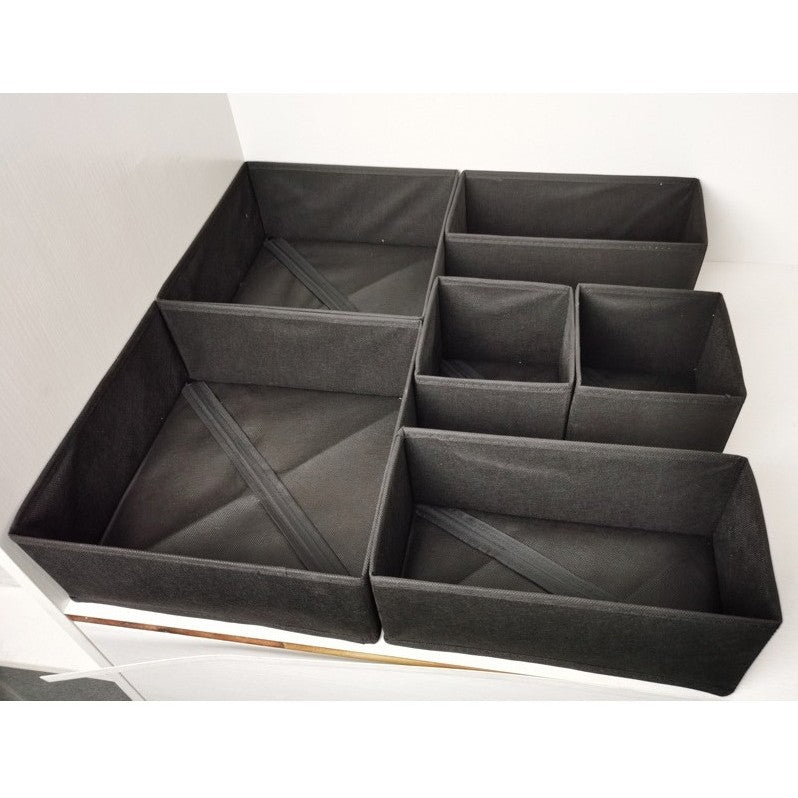 Organizator pentru Sertar, 3 Marimi, pentru Lenjerie, Tricouri, Sosete, 6 Piese, Pliabil, Stivuibil, din Tesatura, Negru