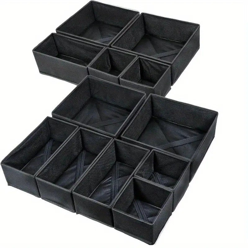 Organizator pentru Sertar, 3 Marimi, pentru Lenjerie, Tricouri, Sosete, 6 Piese, Pliabil, Stivuibil, din Tesatura, Negru