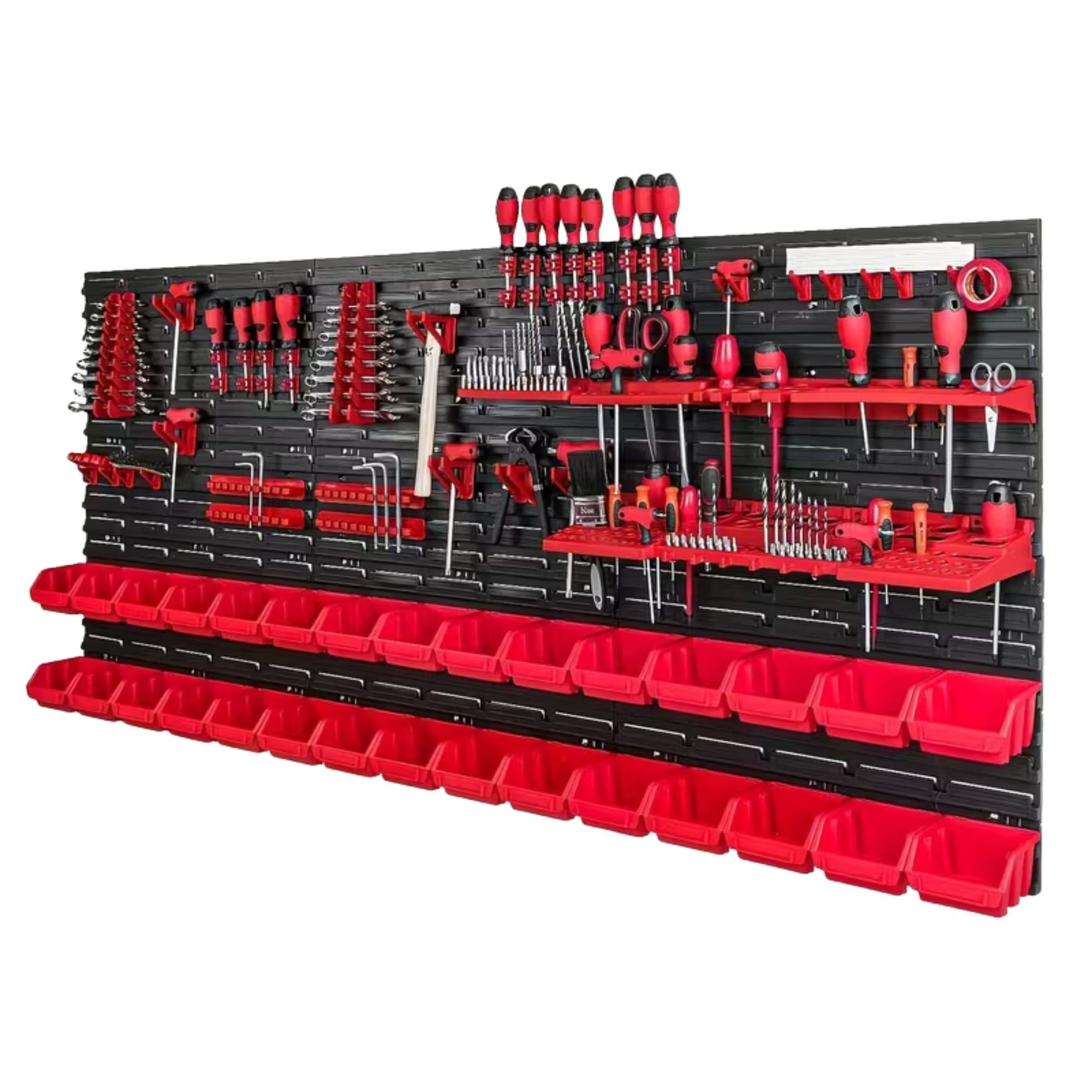 Organizator Scule Perete, set 96 Piese, Panou Modular Multifunctional, Cutii pentru Suruburi si Piese mici, Rafturi, Suporturi si Carlige, Sistem Depozitare Unelte pentru Garaj/Atelier,172.8 X 78 cm, Negru/Rosu