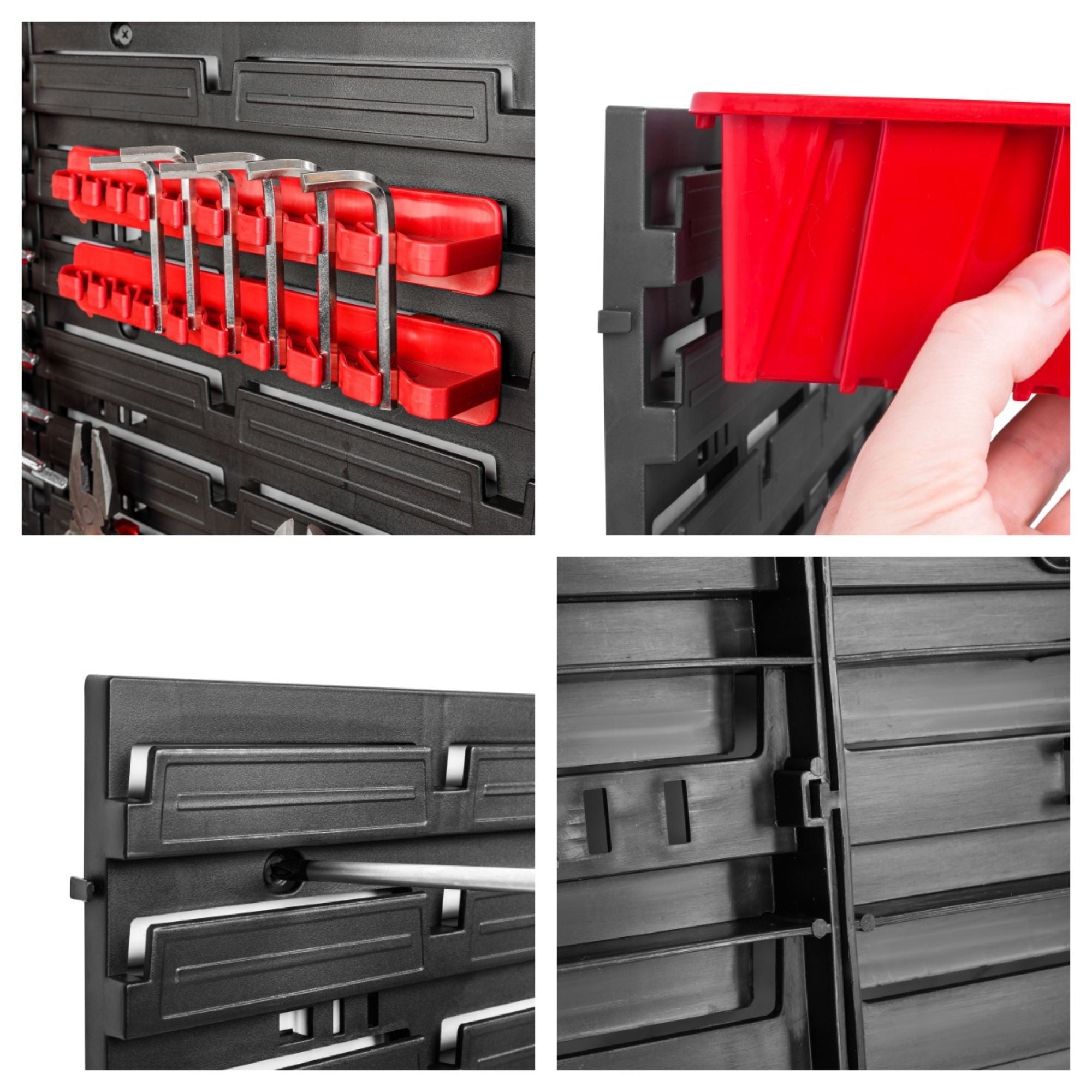 Organizator Scule Perete, set 96 Piese, Panou Modular Multifunctional, Cutii pentru Suruburi si Piese mici, Rafturi, Suporturi si Carlige, Sistem Depozitare Unelte pentru Garaj/Atelier,172.8 X 78 cm, Negru/Rosu