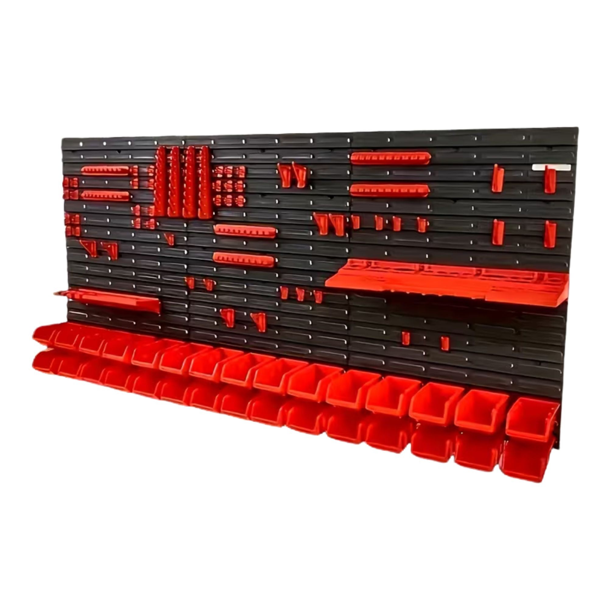 Organizator Scule Perete, set 96 Piese, Panou Modular Multifunctional, Cutii pentru Suruburi si Piese mici, Rafturi, Suporturi si Carlige, Sistem Depozitare Unelte pentru Garaj/Atelier,172.8 X 78 cm, Negru/Rosu