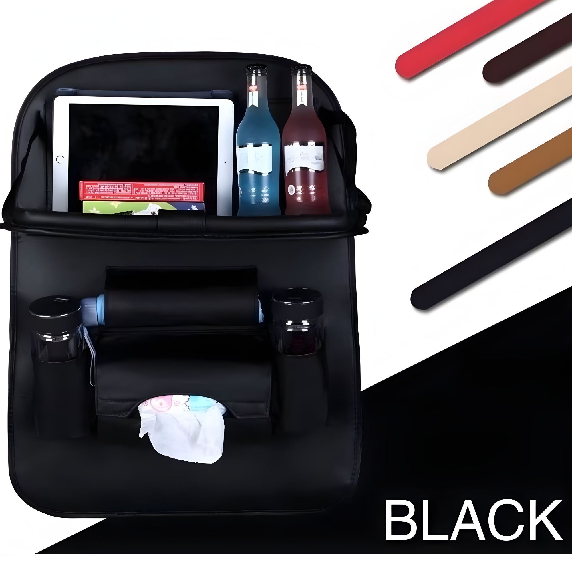 Organizator Spate Scaun Auto, Masa Pliabila, Piele Ecologica, Impermeabil, Suport pentru Tableta, Sortare Lucruri si Protejare Tapiterie, 40 x 63cm, Negru