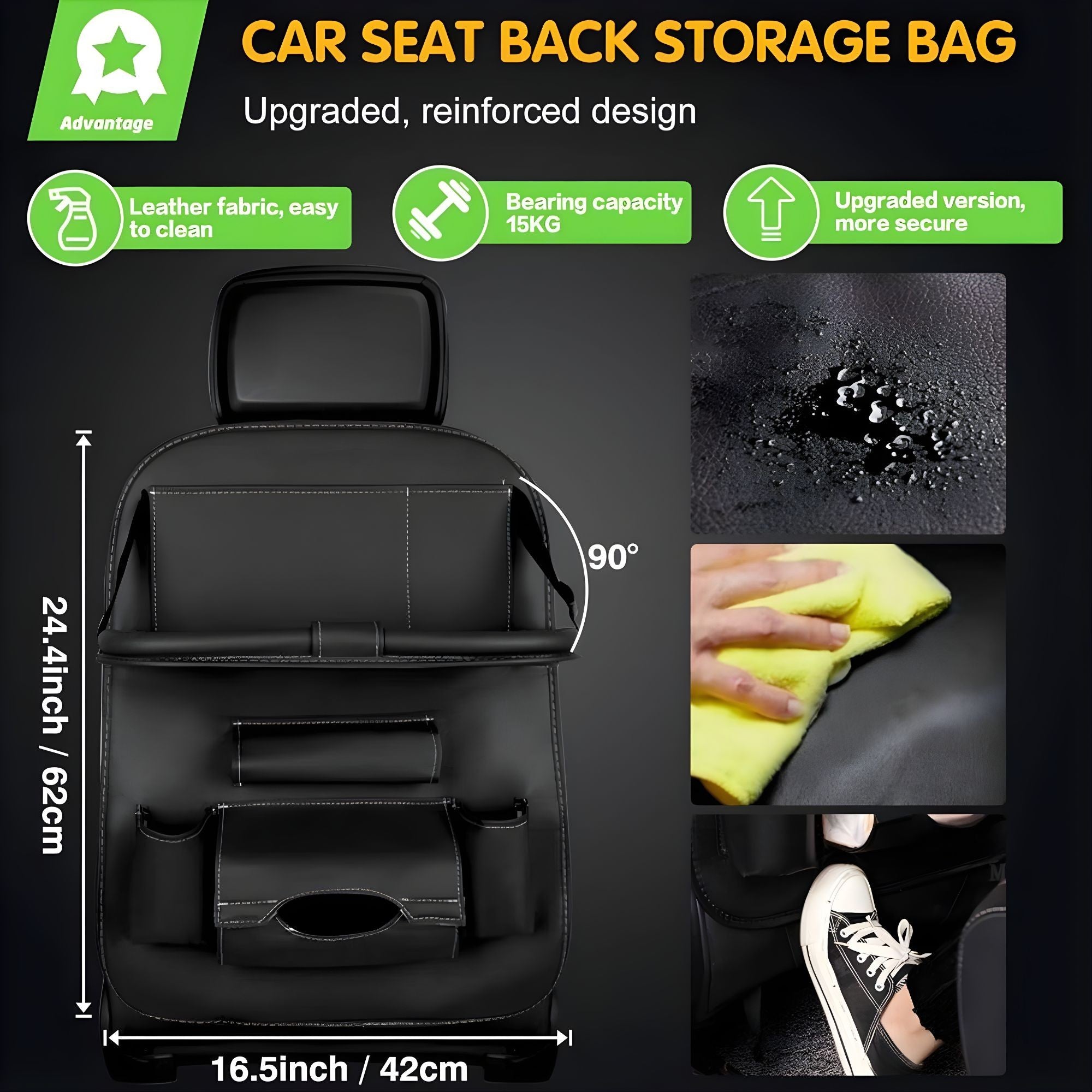 Organizator Spate Scaun Auto, Masa Pliabila, Piele Ecologica, Impermeabil, Suport pentru Tableta, Sortare Lucruri si Protejare Tapiterie, 40 x 63cm, Negru