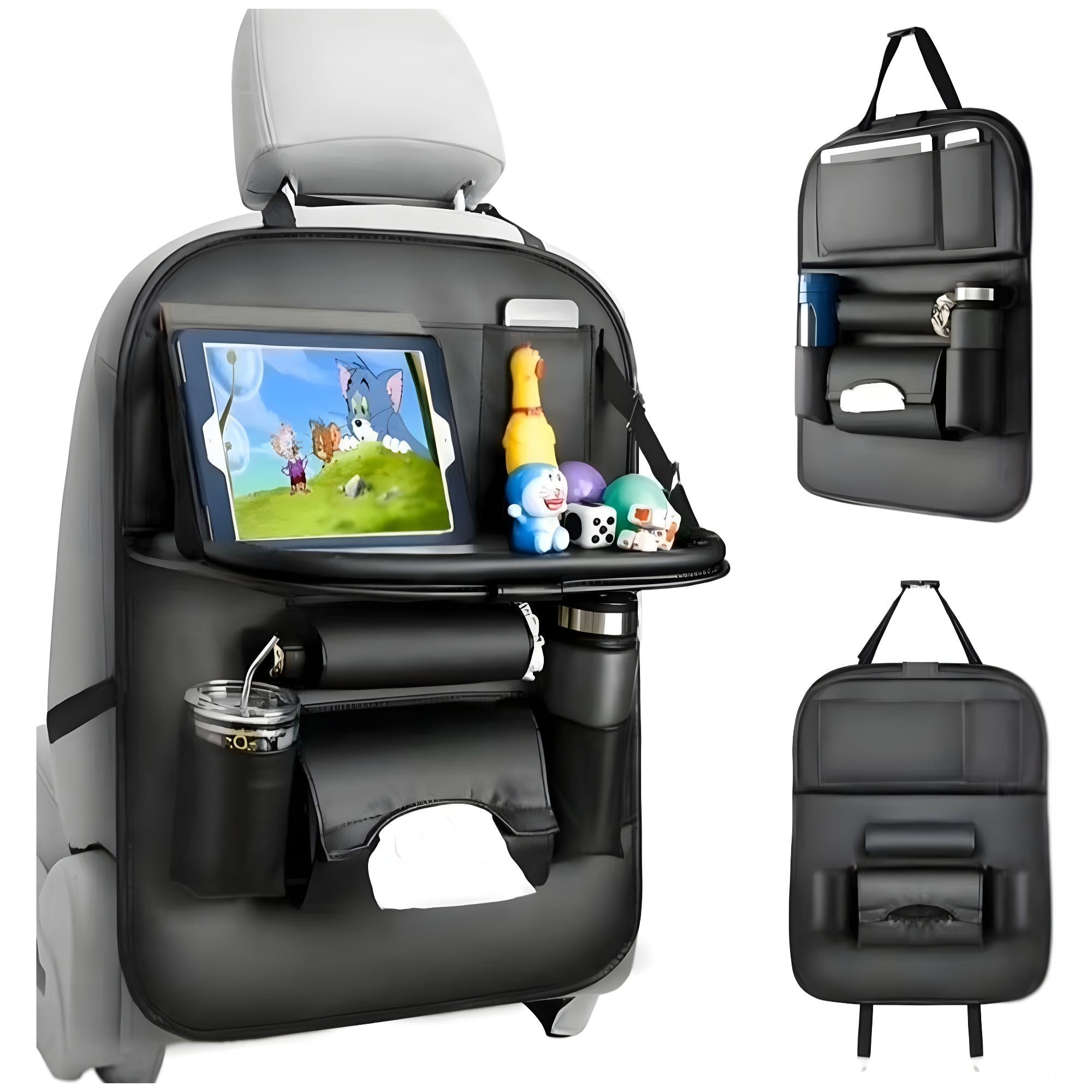 Organizator Spate Scaun Auto, Masa Pliabila, Piele Ecologica, Impermeabil, Suport pentru Tableta, Sortare Lucruri si Protejare Tapiterie, 40 x 63cm, Negru
