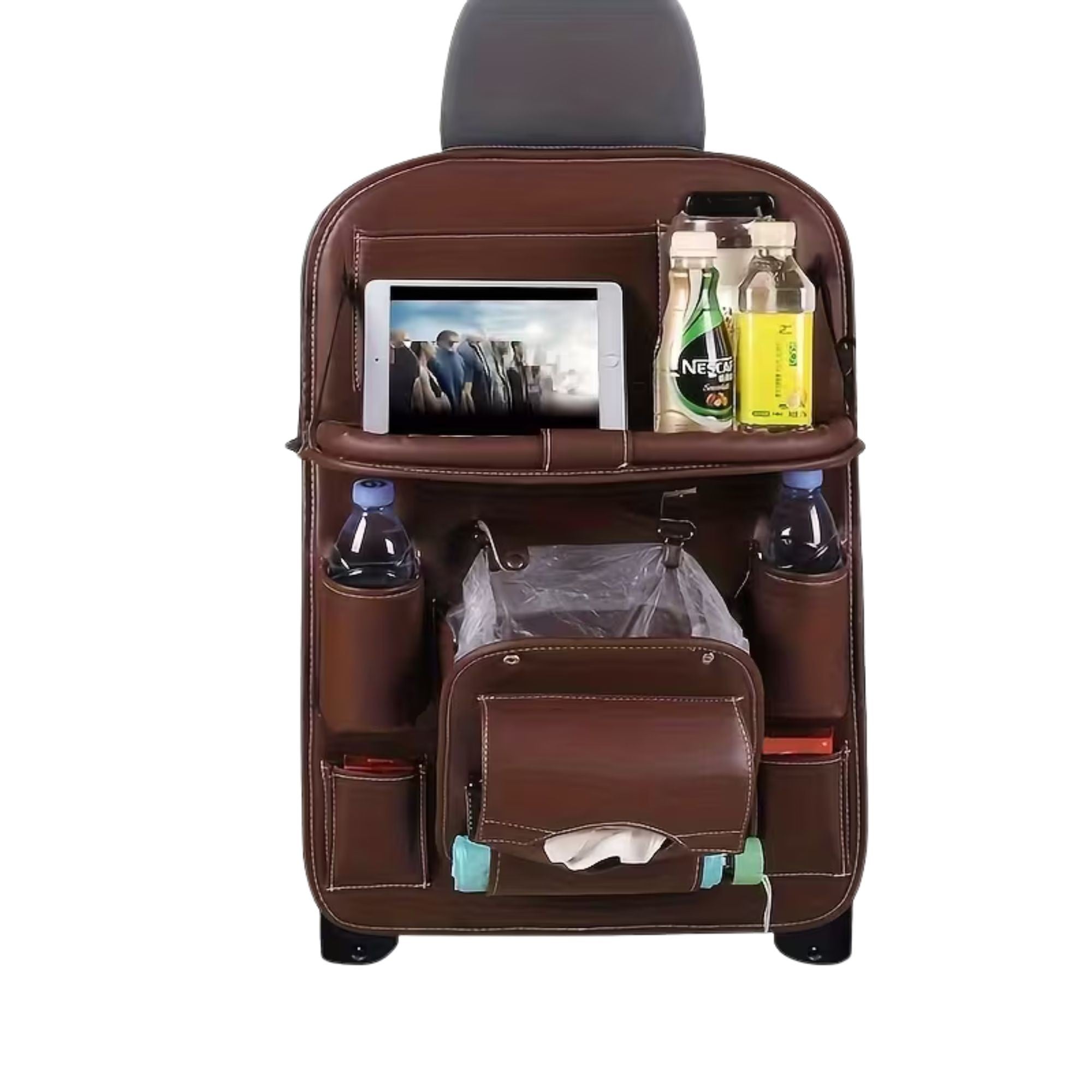 Organizator Spate Scaun Auto, Masa Pliabila, Piele Ecologica, Impermeabil, Suport pentru Tableta, Sortare Lucruri si Protejare Tapiterie, 40 x 63cm, Maro