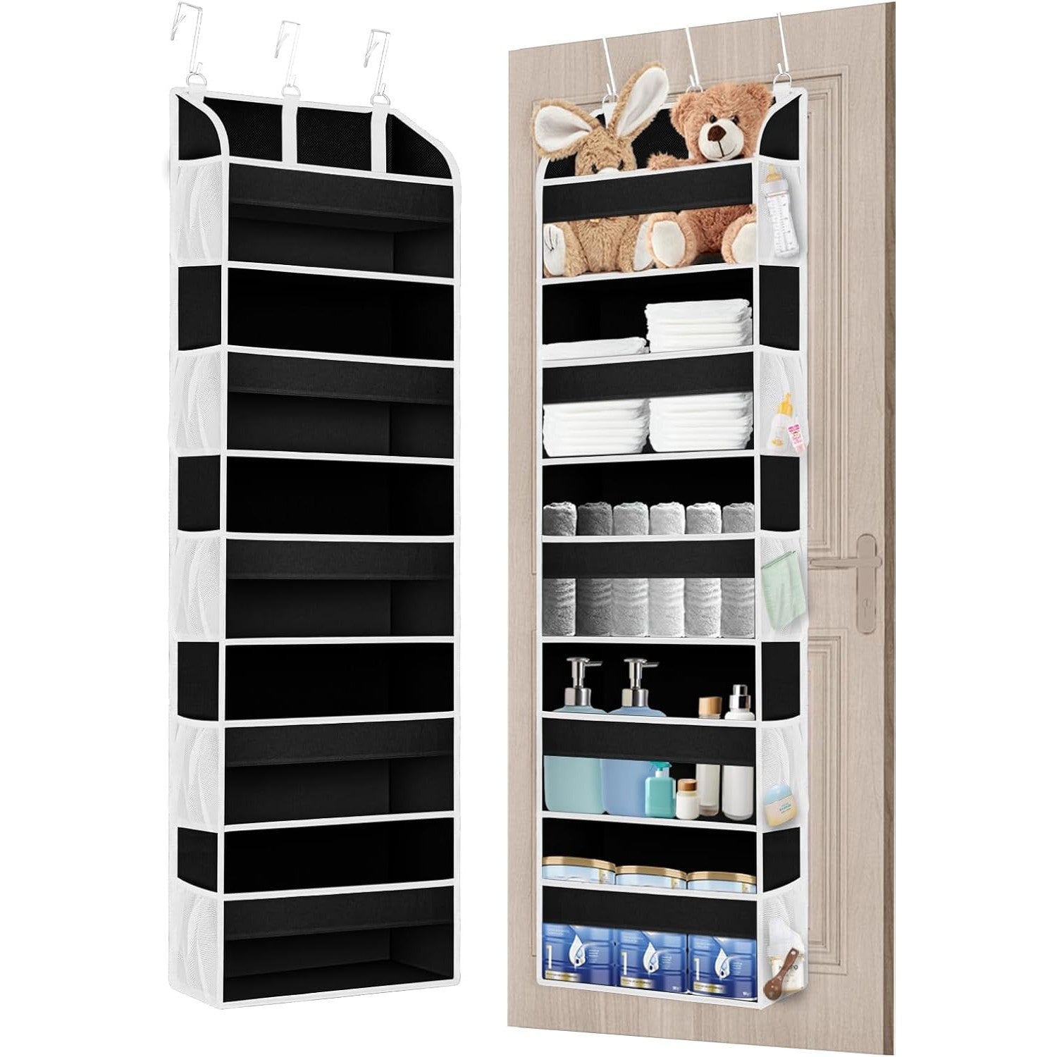 Organizator Suspendat pentru Usi, din Nailon si Plasa, Baza de Carton Ingrosat, 5 Buzunare Principale + 10 Buzunare Laterale, 140 x 39 x 17 cm, 3 Carlige Incluse, Negru