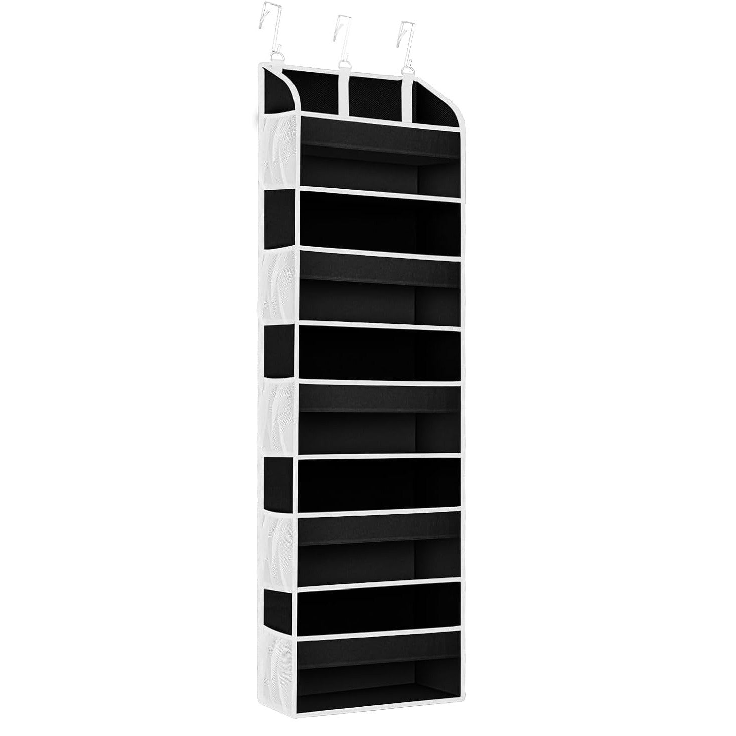 Organizator Suspendat pentru Usi, din Nailon si Plasa, Baza de Carton Ingrosat, 5 Buzunare Principale + 10 Buzunare Laterale, 140 x 39 x 17 cm, 3 Carlige Incluse, Negru