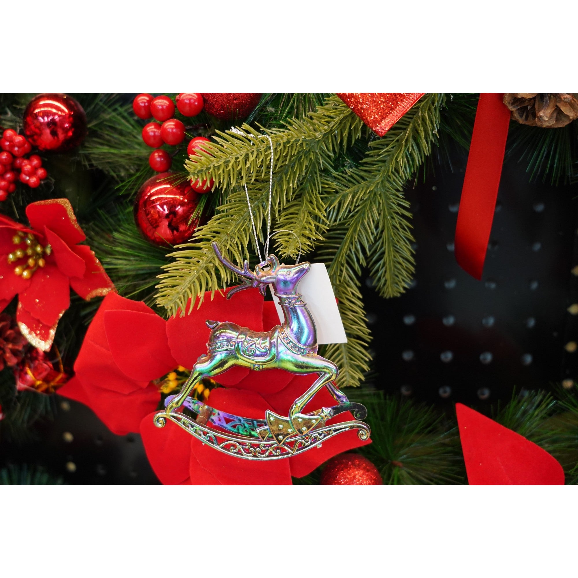 Ornament brad de Craciun, Iridescent, in forma de Ren, 11 cm x 11 cm, Plastic