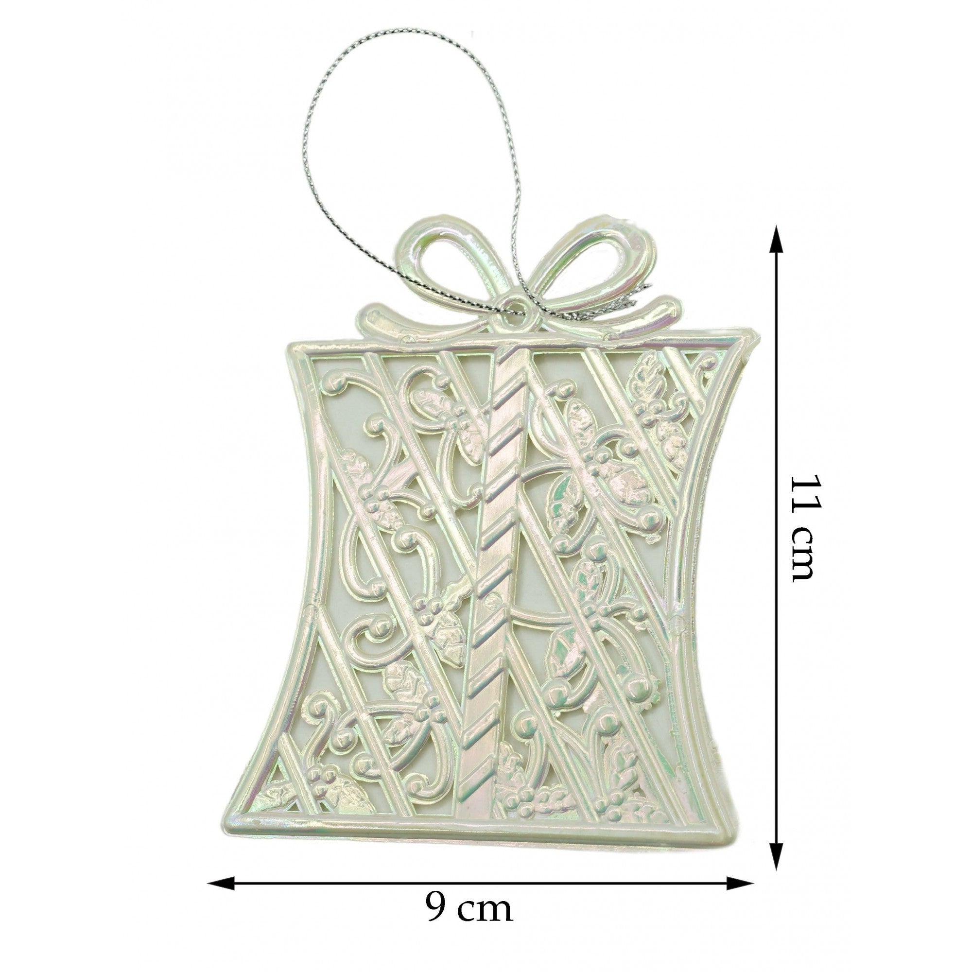 Ornament brad de Craciun, Perlat, in forma de Cadou, 9 cm x 11 cm, Plastic