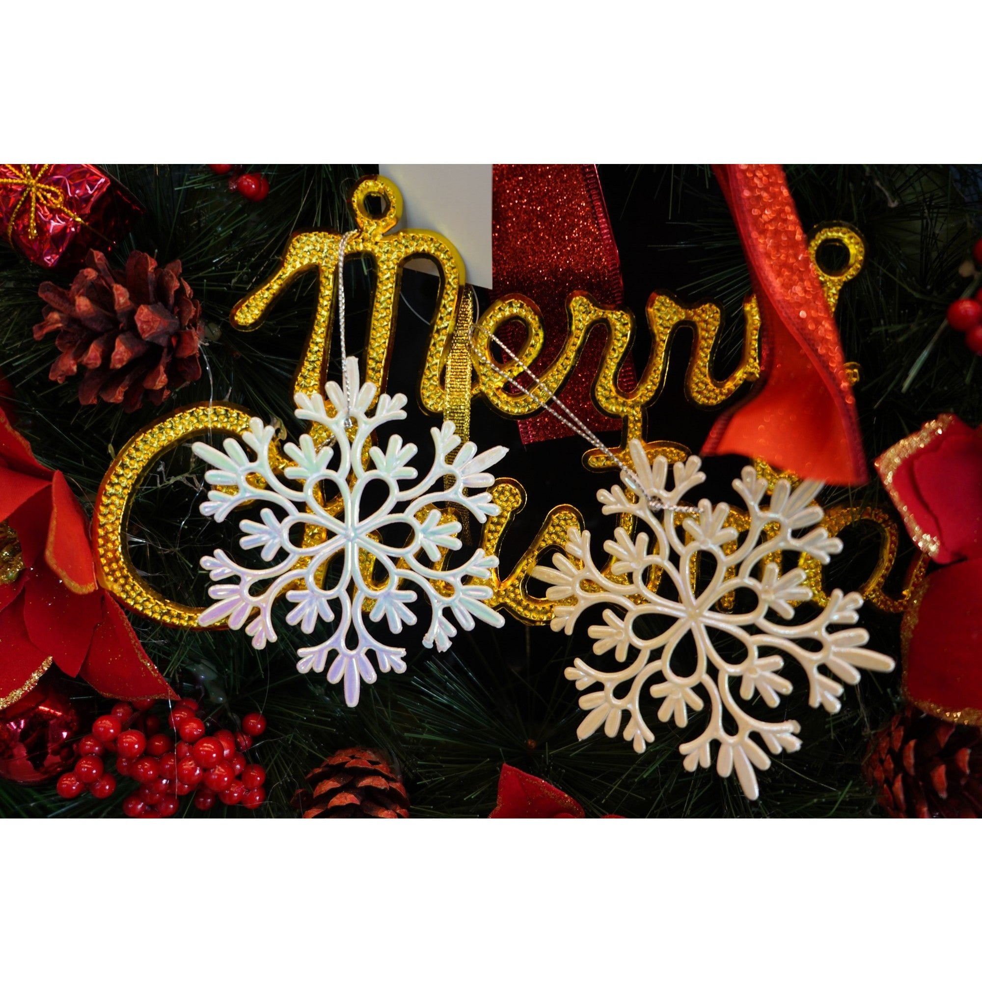 Ornament brad de Craciun, Perlat, in forma de Fulg de nea, 10 cm x 10 cm, Plastic