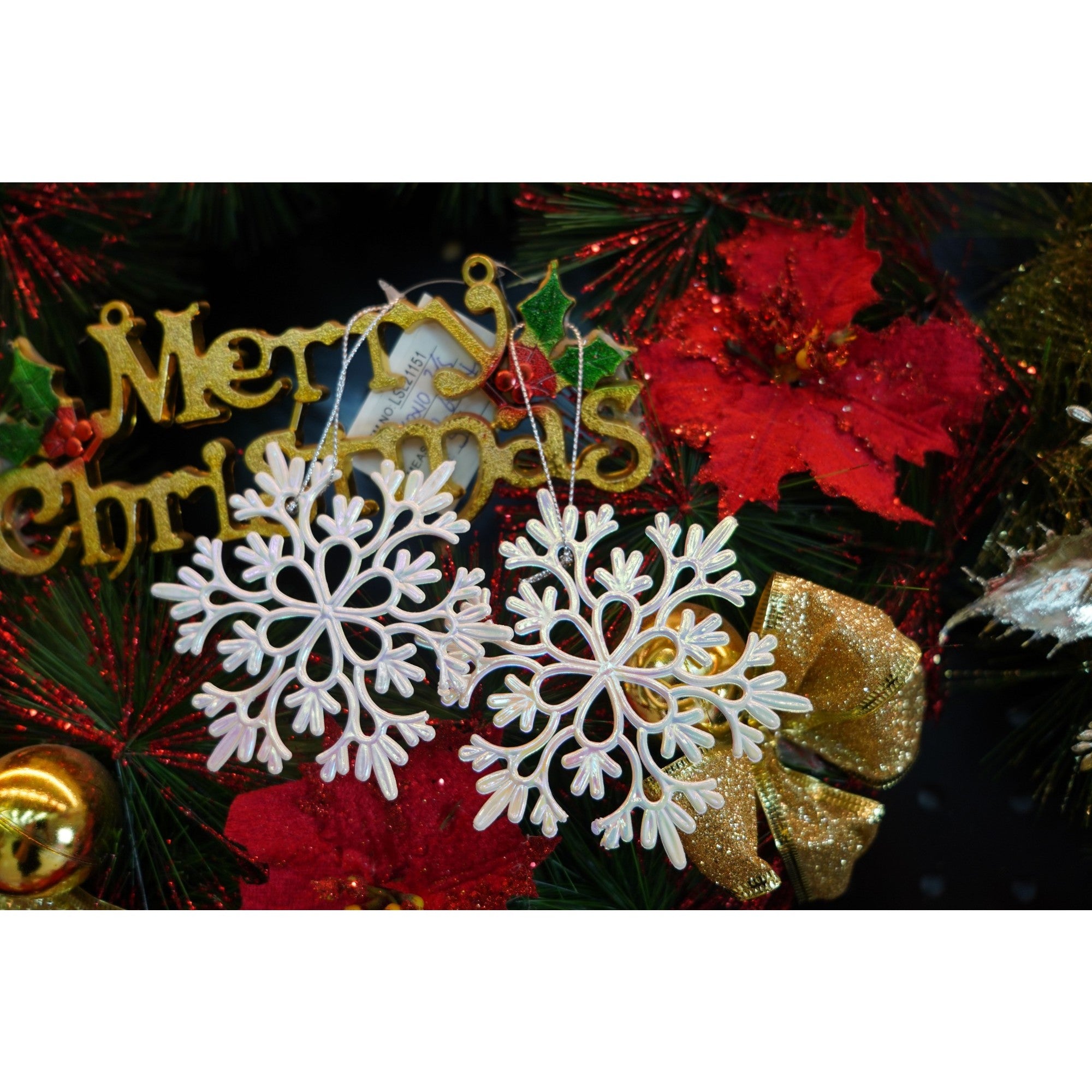 Ornament brad de Craciun, Perlat, in forma de Fulg de nea, 10 cm x 10 cm, Plastic