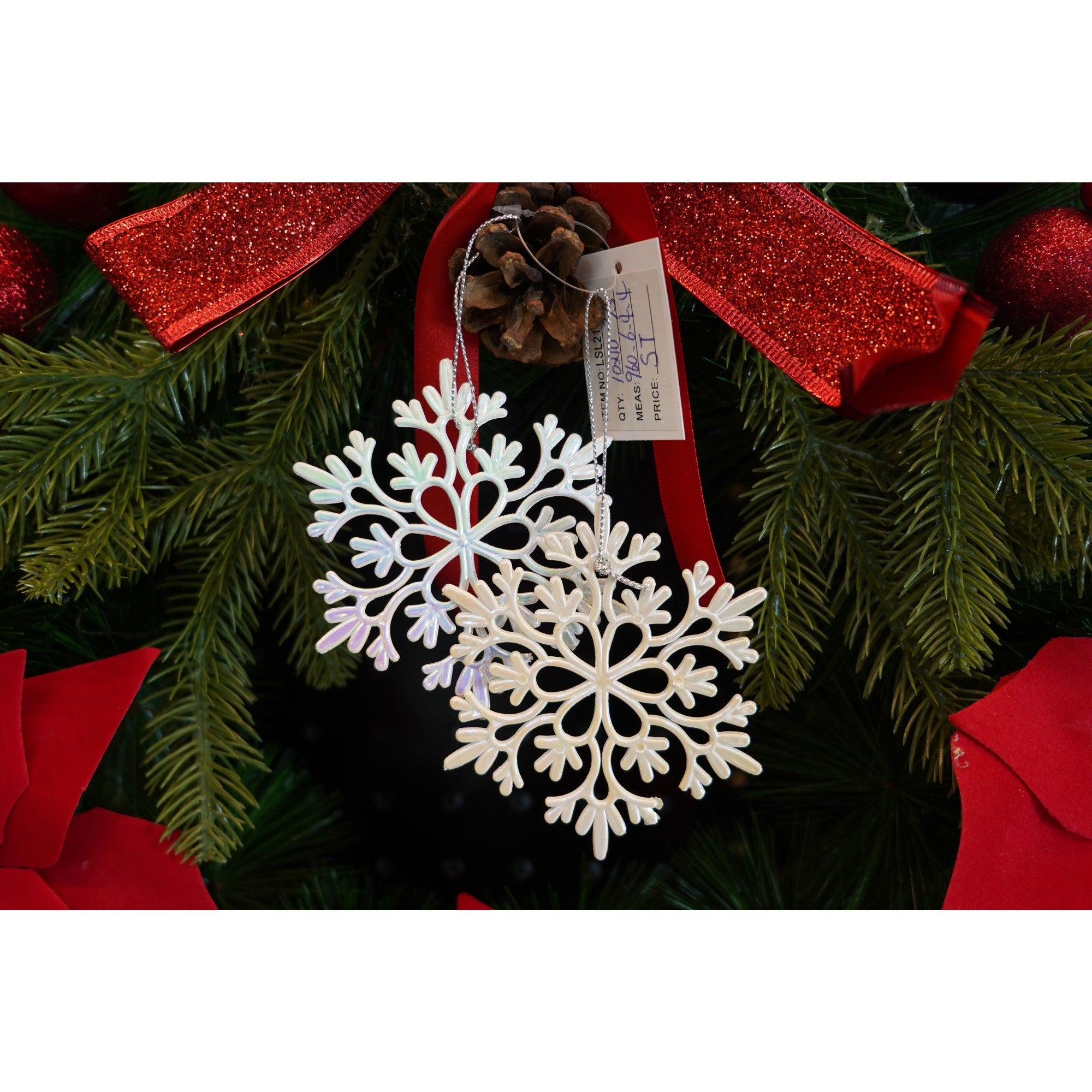 Ornament brad de Craciun, Perlat, in forma de Fulg de nea, 10 cm x 10 cm, Plastic