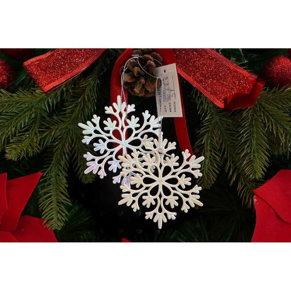 Ornament brad de Craciun, Perlat, in forma de Fulg de nea, 10 cm x 10 cm, Plastic