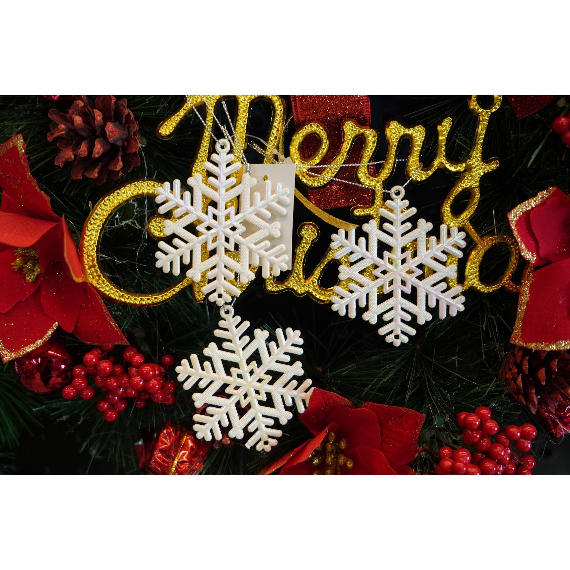 Ornament brad de Craciun, Perlat, in forma de Fulg de nea, 8 cm x 8 cm, Plastic