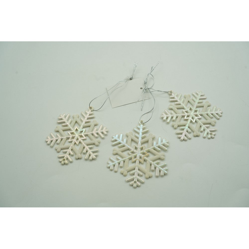 Ornament brad de Craciun, Perlat, in forma de Fulg de nea, 8 cm x 8 cm, Plastic