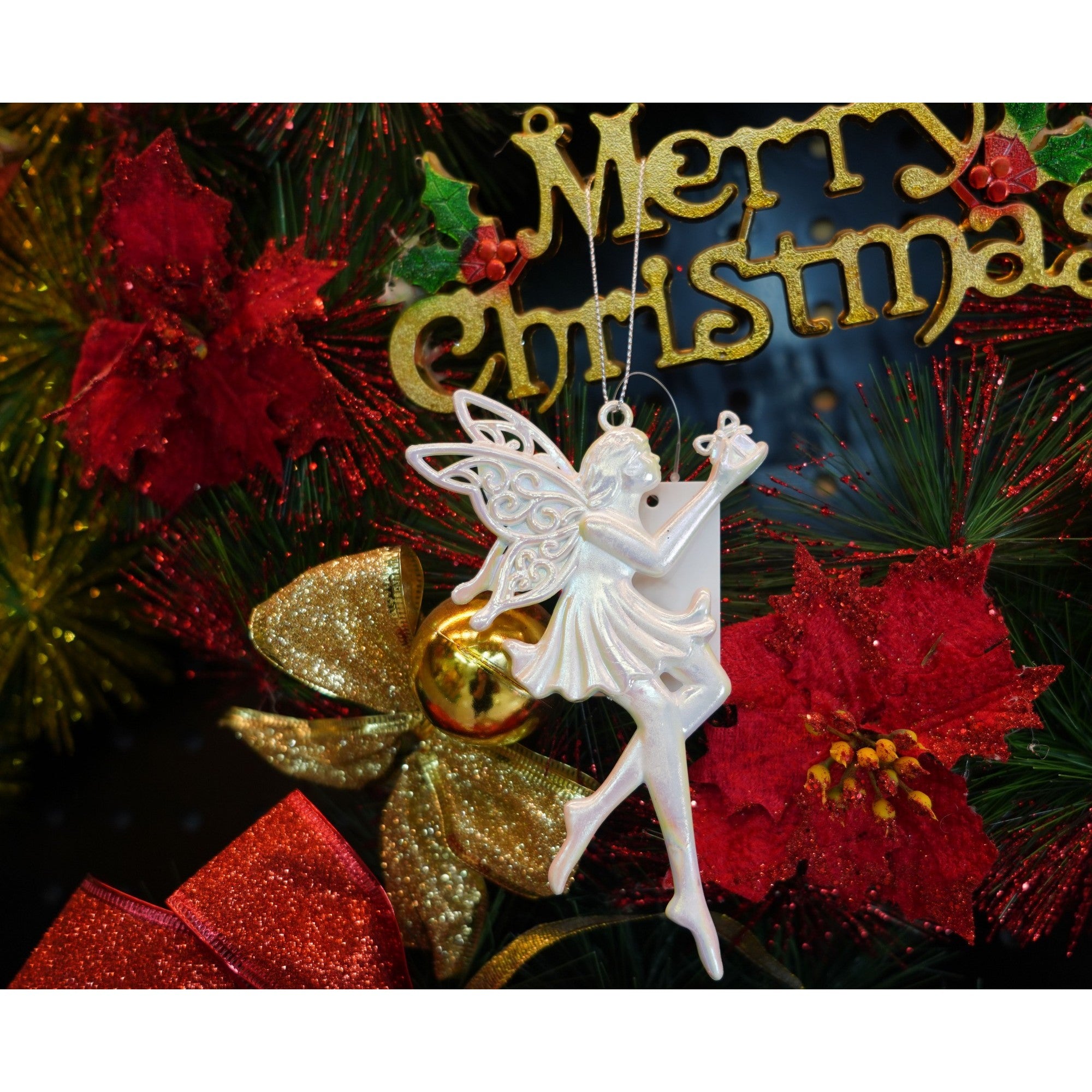 Ornament brad de Craciun, Perlat, in forma de Inger, 8 cm x 14 cm, Plastic
