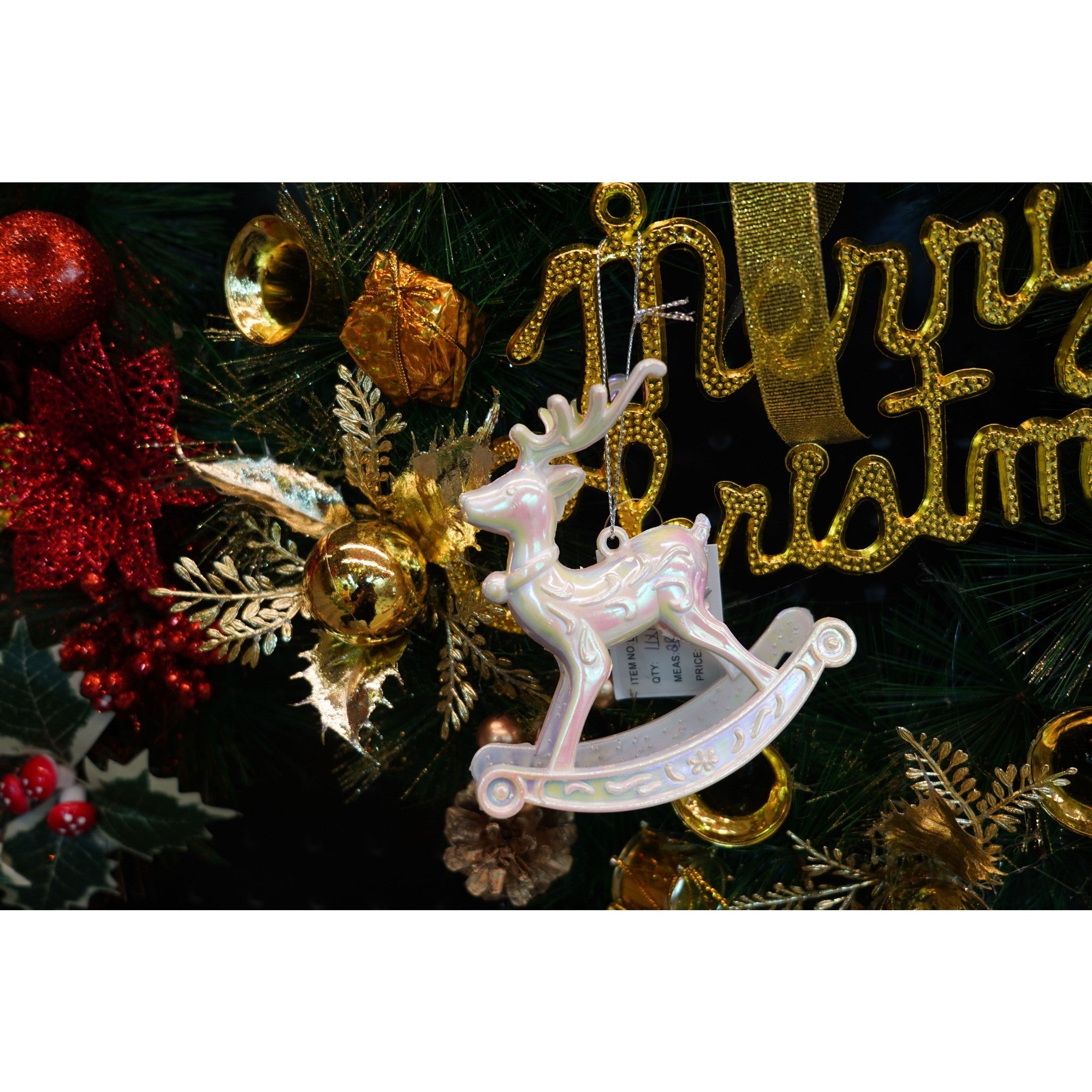 Ornament brad de Craciun, Perlat, in forma de Ren, 11 cm x 11 cm, Plastic