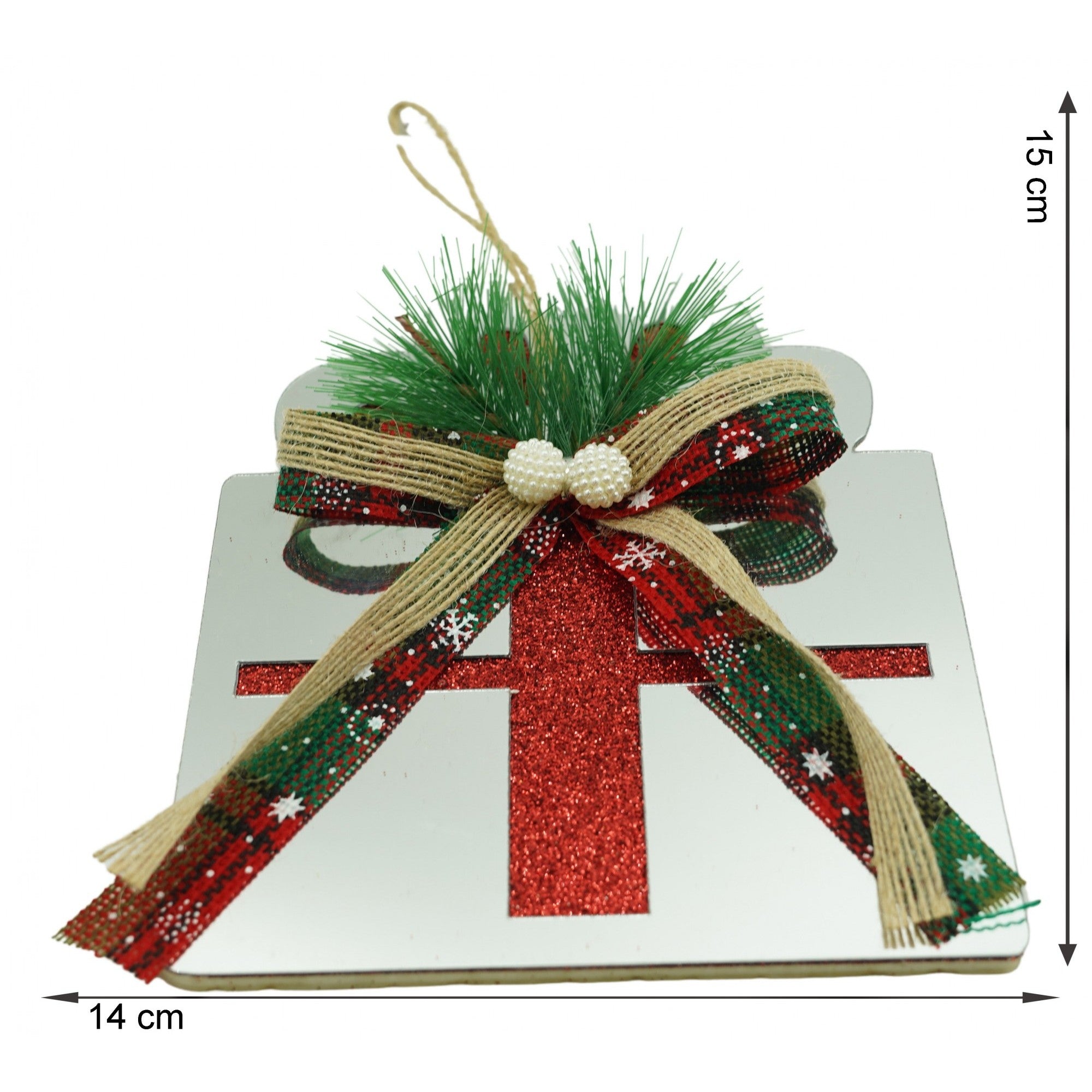 Ornament brad, Cadou, Argintiu, Lucios, 14*15CM, Acril, Interior/ Exterior