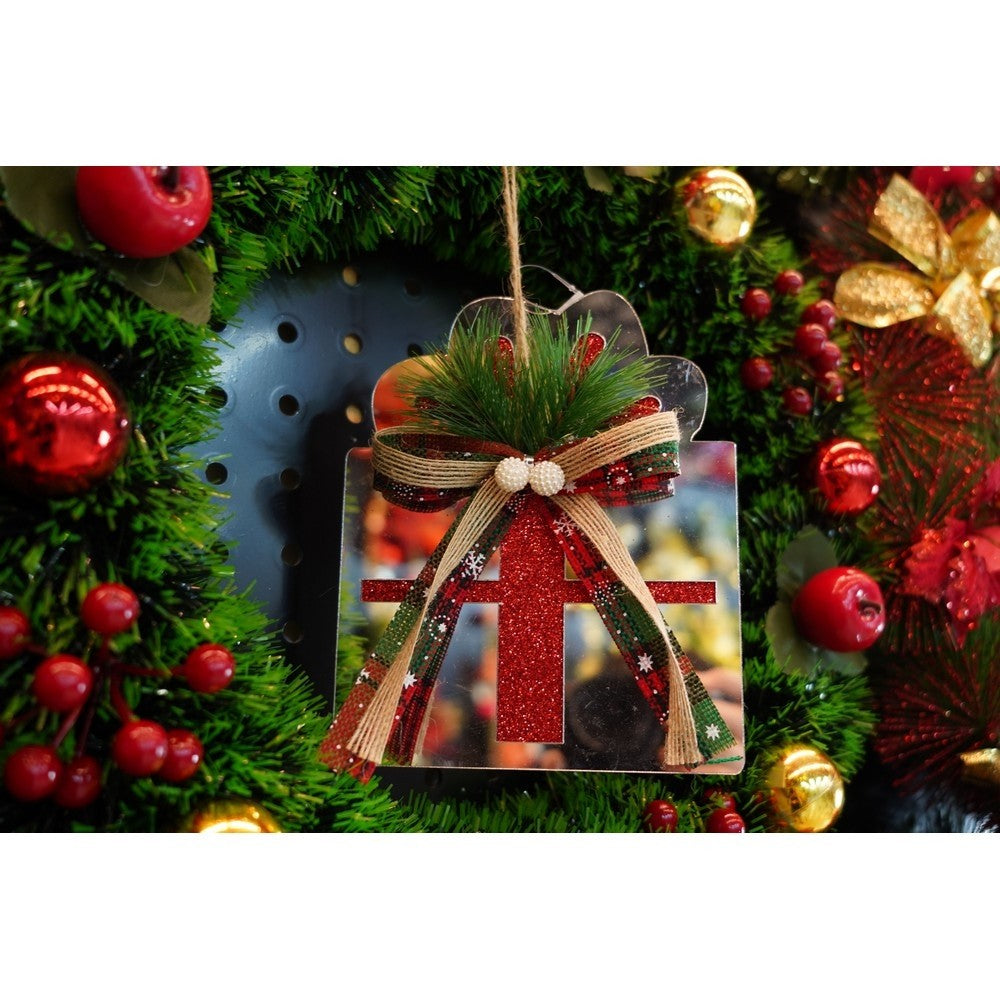 Ornament brad, Cadou, Argintiu, Lucios, 14*15CM, Acril, Interior/ Exterior