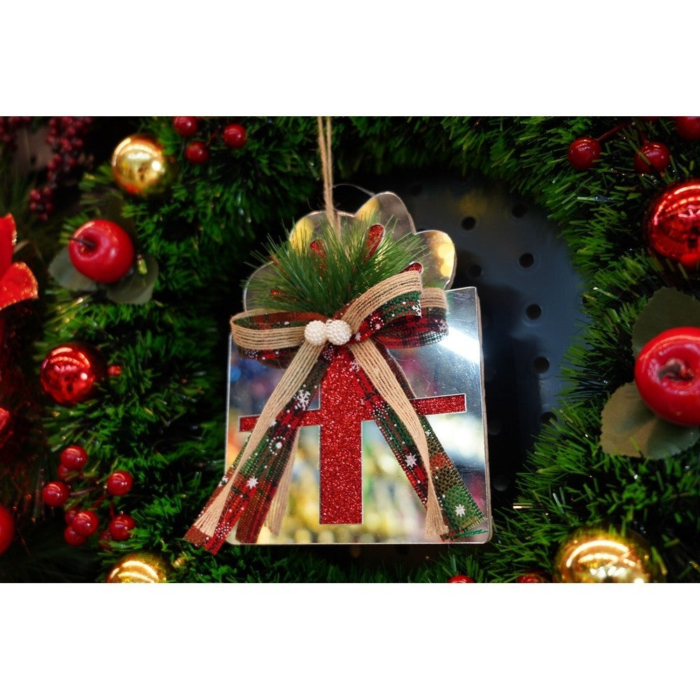 Ornament brad, Cadou, Argintiu, Lucios, 14*15CM, Acril, Interior/ Exterior