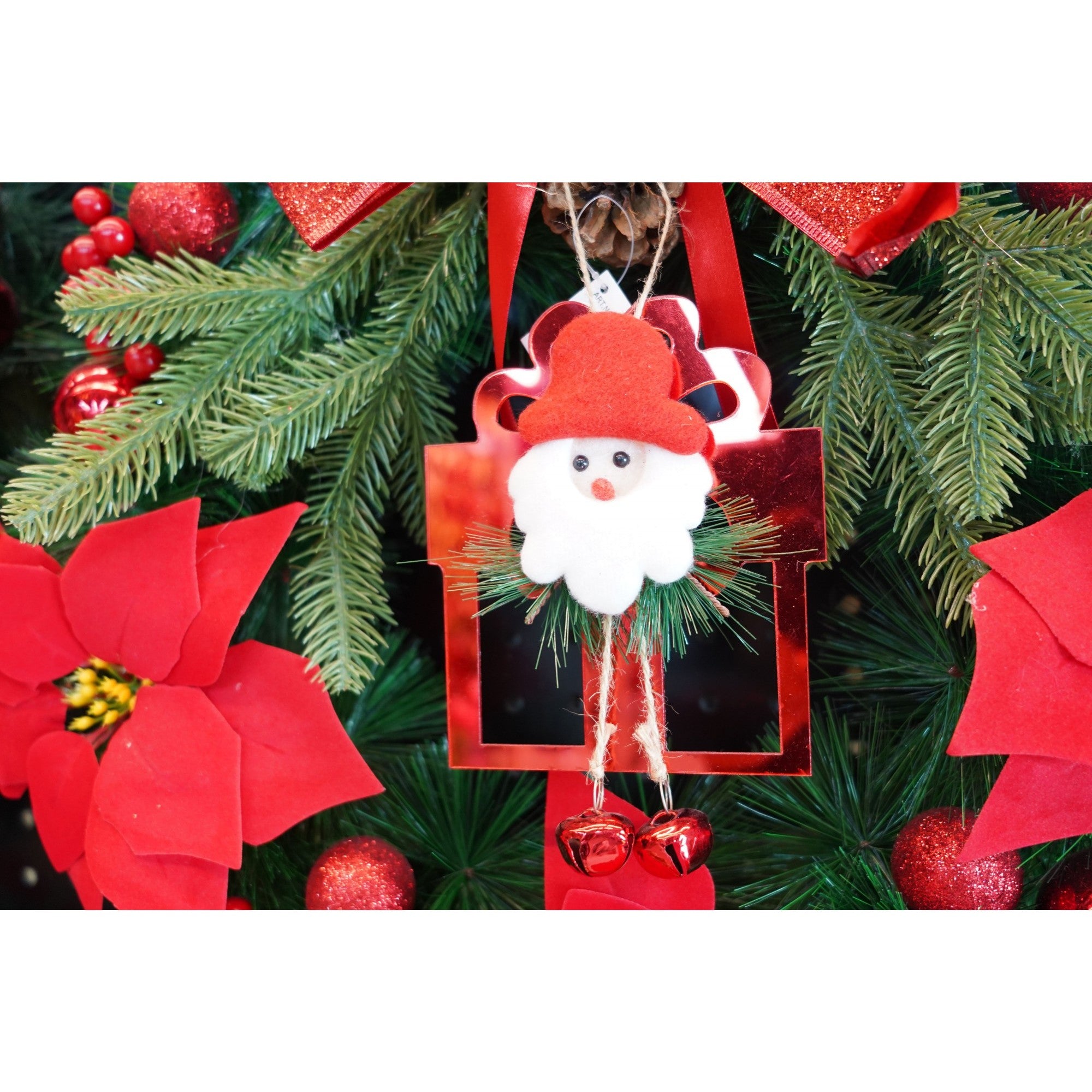 Ornament brad, Cadou cu clopotei, Rosu, Lucios, 15*20CM, Acril, Interior/ Exterior