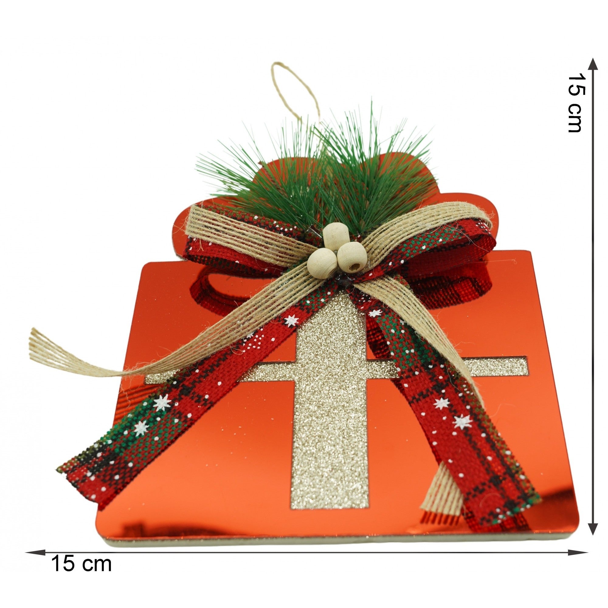 Ornament brad, Cadou, Rosu, Lucios, 15*15CM, Acril, Interior/ Exterior