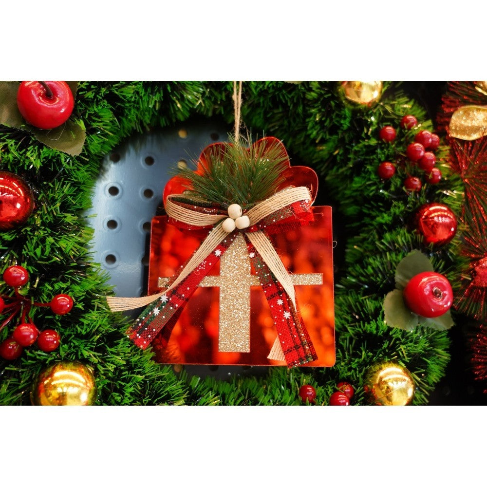 Ornament brad, Cadou, Rosu, Lucios, 15*15CM, Acril, Interior/ Exterior