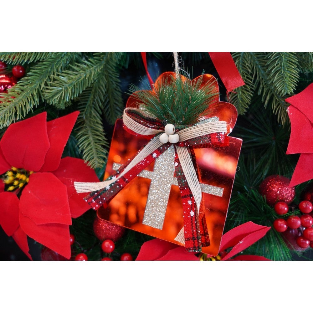 Ornament brad, Cadou, Rosu, Lucios, 15*15CM, Acril, Interior/ Exterior